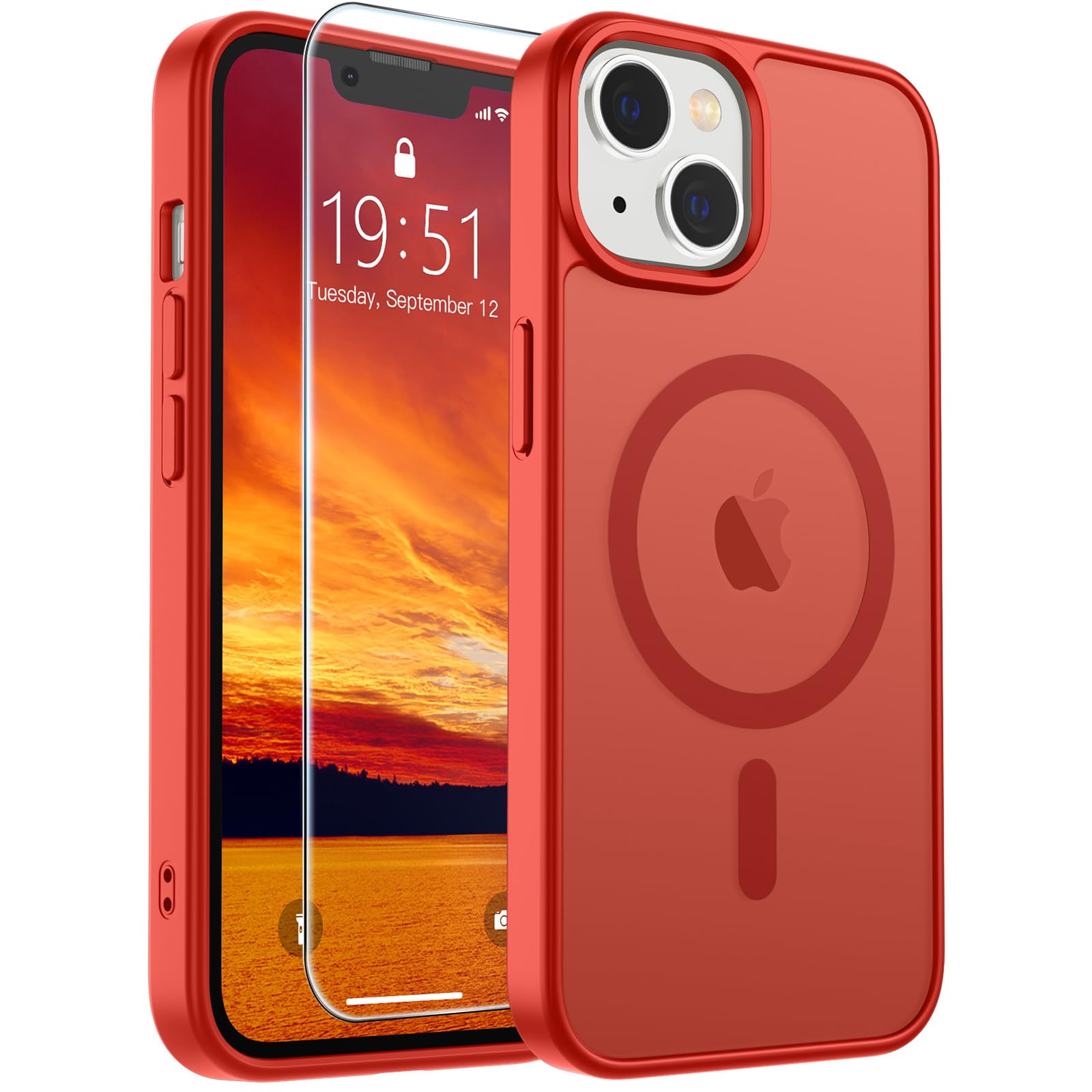 SUPFINE Magnetic for iPhone 14 Plus Case/iPhone 15 Plus Case Red | With Screen Protector, Translucent Matte, Compatible with MagSafe, Military Grade Drop Proof, Rugged Shockproof Protective