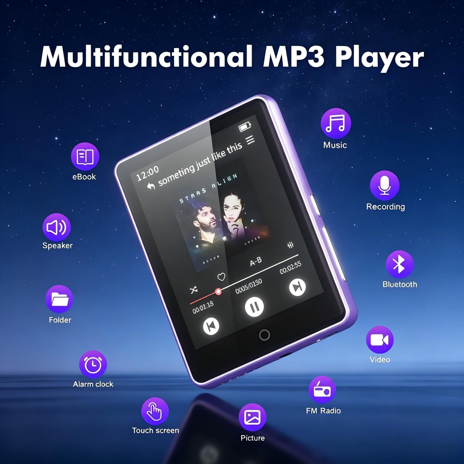 Lecteur MP3 32 Go avec Bluetooth 5.3 avec Haut-Parleur pour Enfants, qualité sonore HiFi, écran Tactile 2,8 Pouces, Radio FM, enregistreur Vocal, Prend en Charge Les Cartes TF jusqu'à 128 Go (Violet)