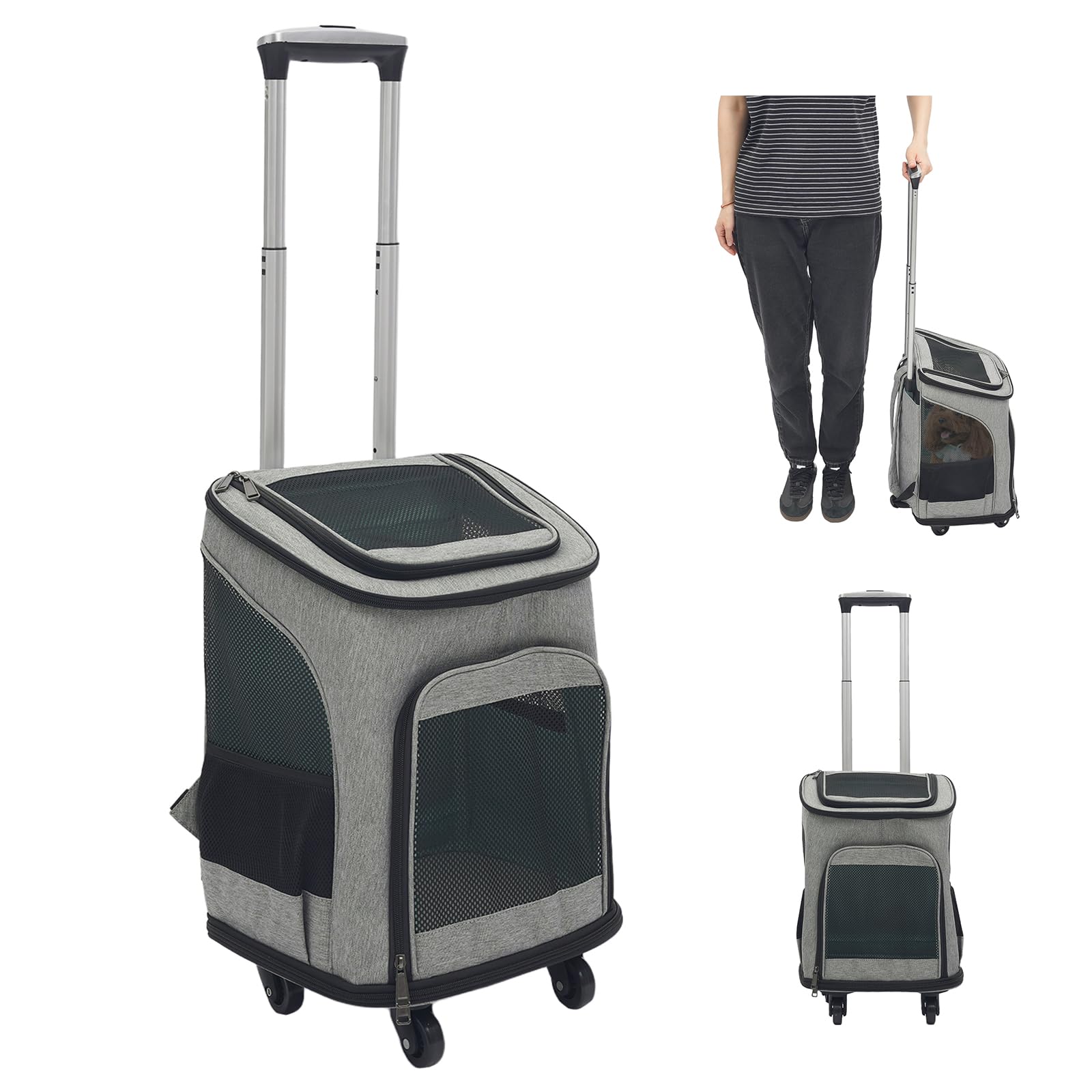 Transportín para perros con ruedas, plegable, mochila para gatos con mango telescópico, cajas de transporte para gatos grandes y perros pequeños con malla transpirable, mochila para mascotas de hasta