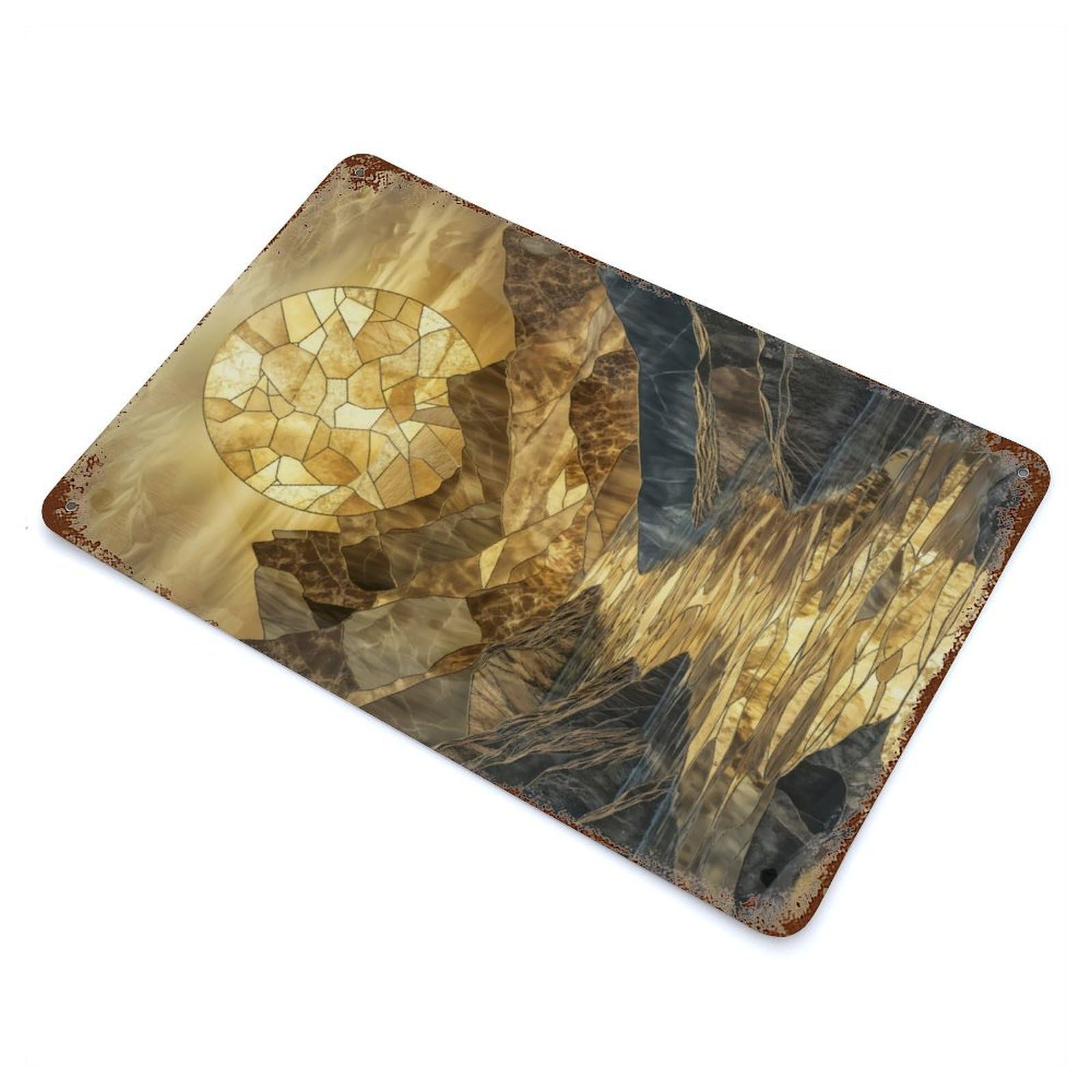 Golden Mountain Landscape Rusty Metal Tin Sign 11.8"x7.9", Industrial Home Decor for Garage, Pub Or Kitchen
