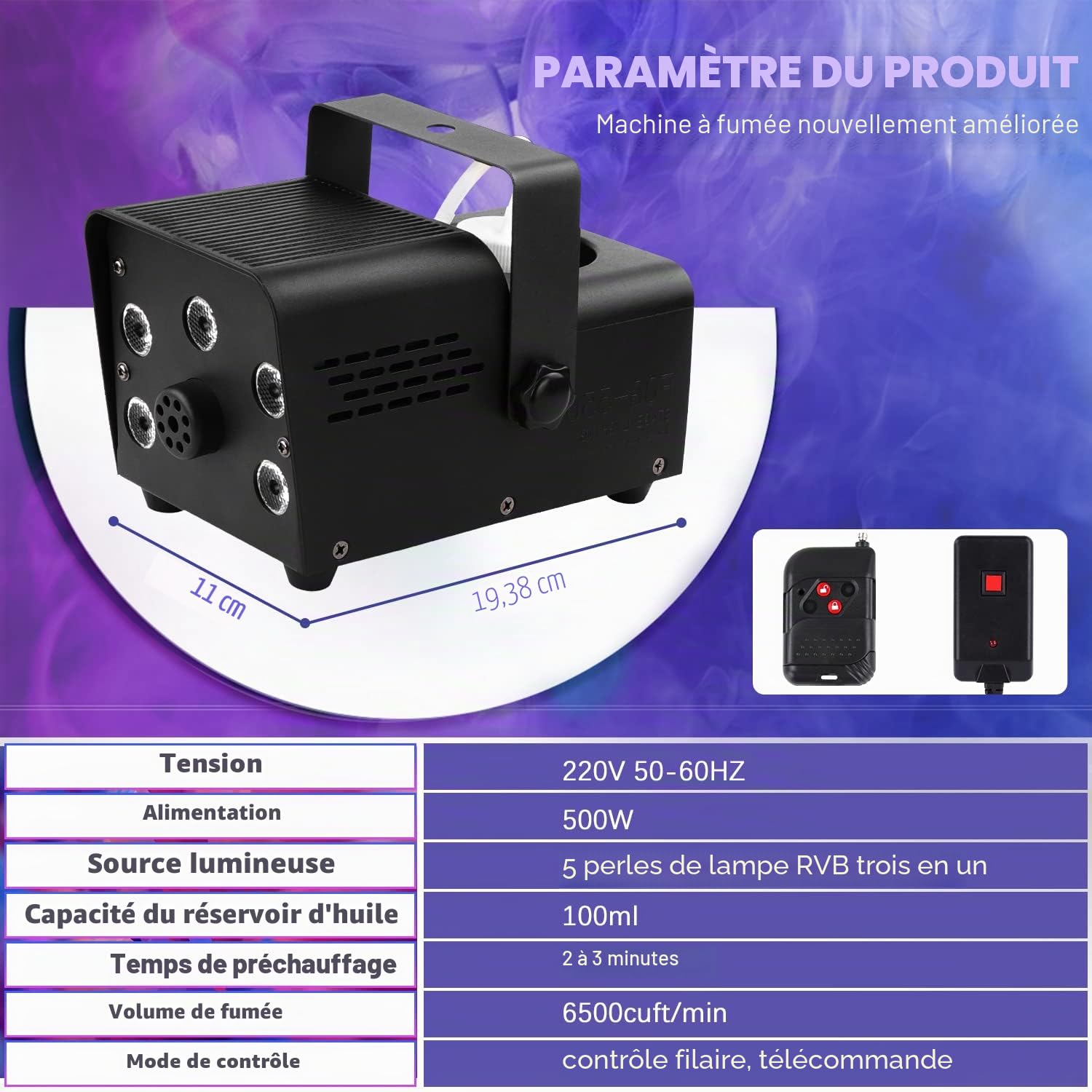 Machine à Brouillard, Mini Machine à Fumée de Brouillard 500W avec 5 Lumières LED, Machine à Brouillard à Effet RVB avec Télécommande sans Fil pour Soirées DJ Performances sur Scène et Halloween/Noël