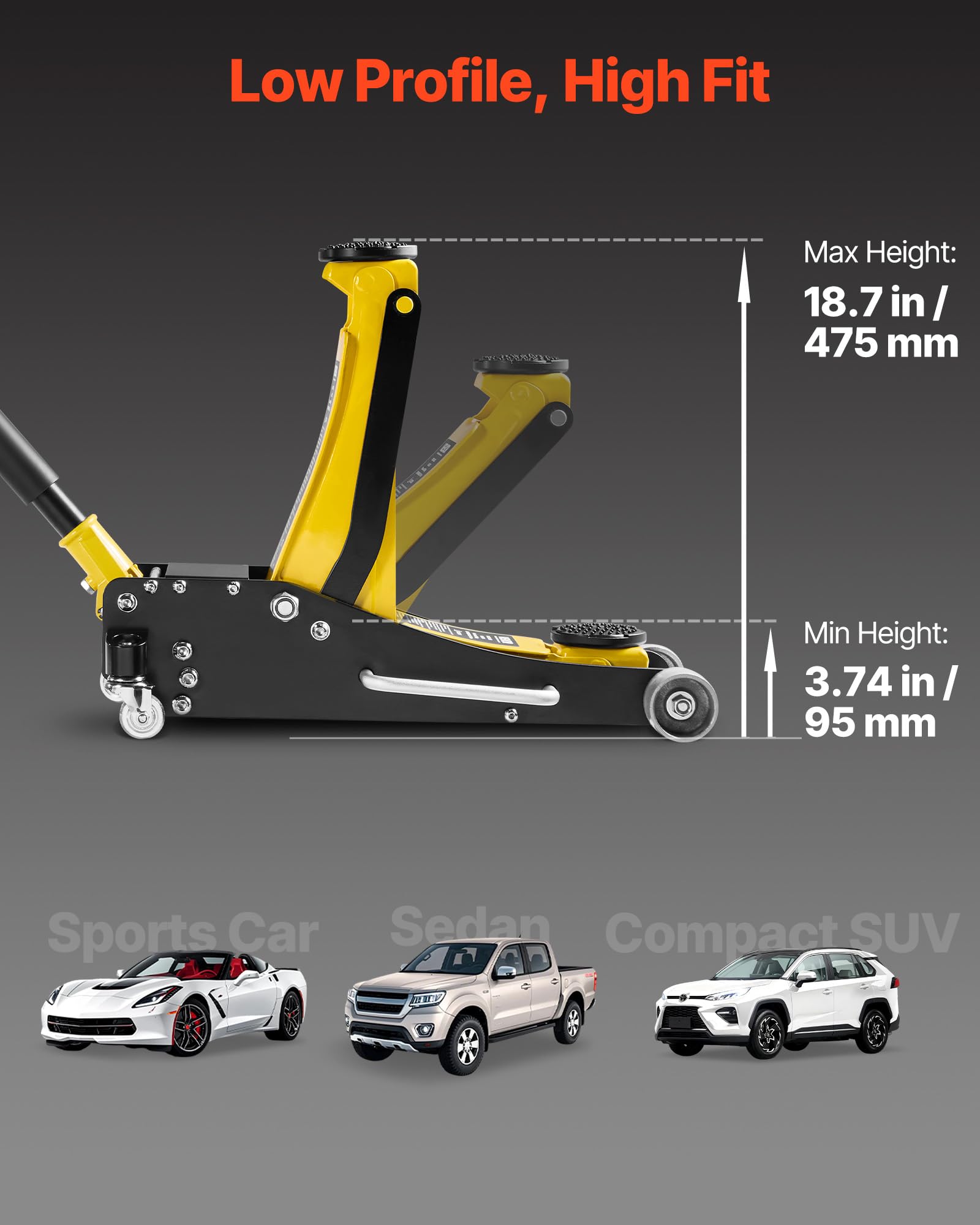 VEVOR Rangierwagenheber Wagenheber mit niedrigem Profil & 360° Rollen 2,5 t, Doppelkolben-Schnellhubpumpe, 95–475 mm Hubhöhe, hydraulische Wagenheber für kompakte SUVs Gelb + Schwarz