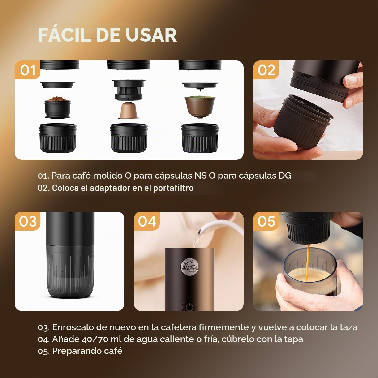RECAFIMIL Cafetera portátil 3 en 1, máquina de café espresso portátil de 19 bares con calefacción automática, compatible con cápsulas NS y DG y café molido para camping, viajes y pero