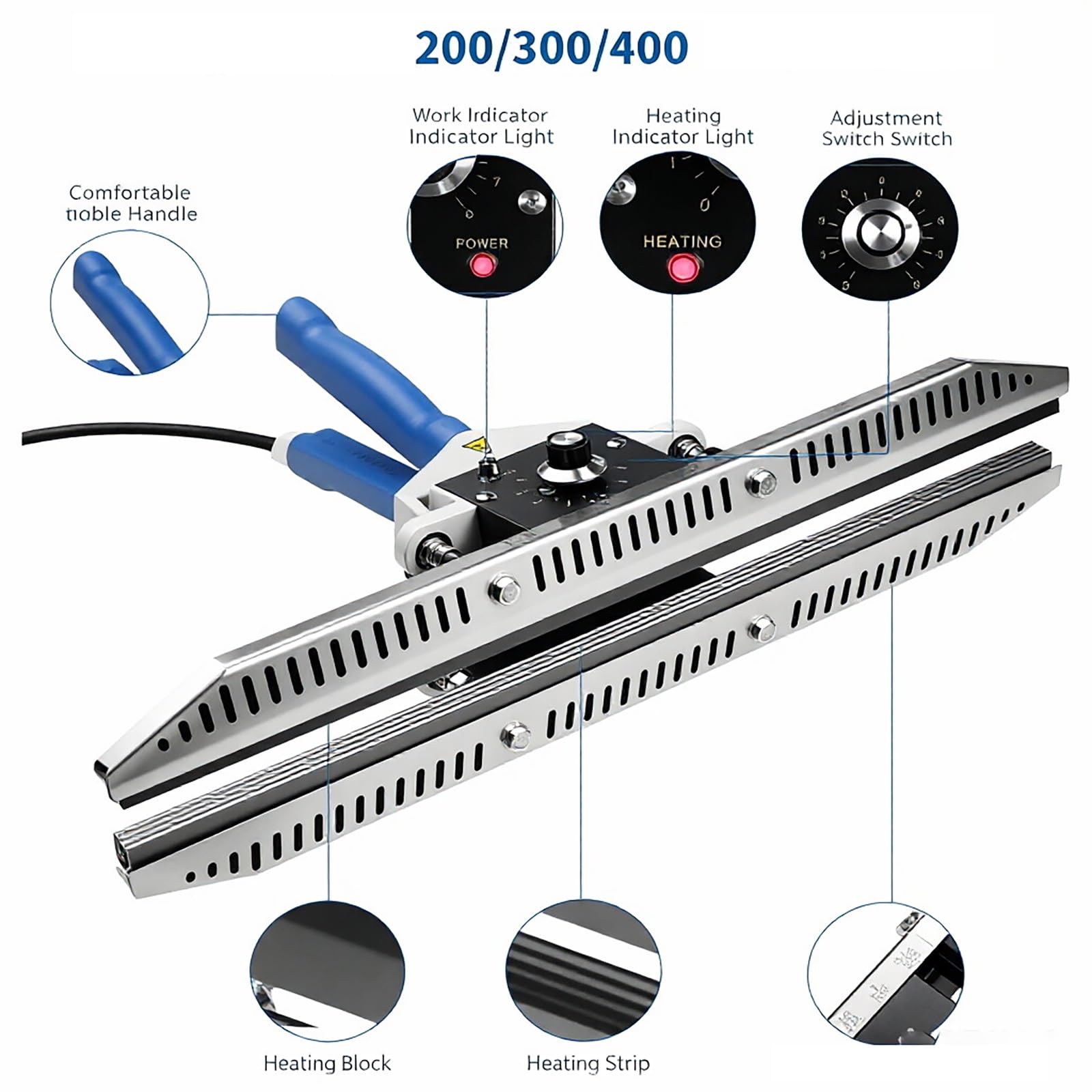 Sellador térmico manual, máquina de sellado térmico de mano de 300 W con ajustable de 0 a 300 °C para película compuesta y bolsas de papel kraft, herramienta de crimpado portátil para embalaje