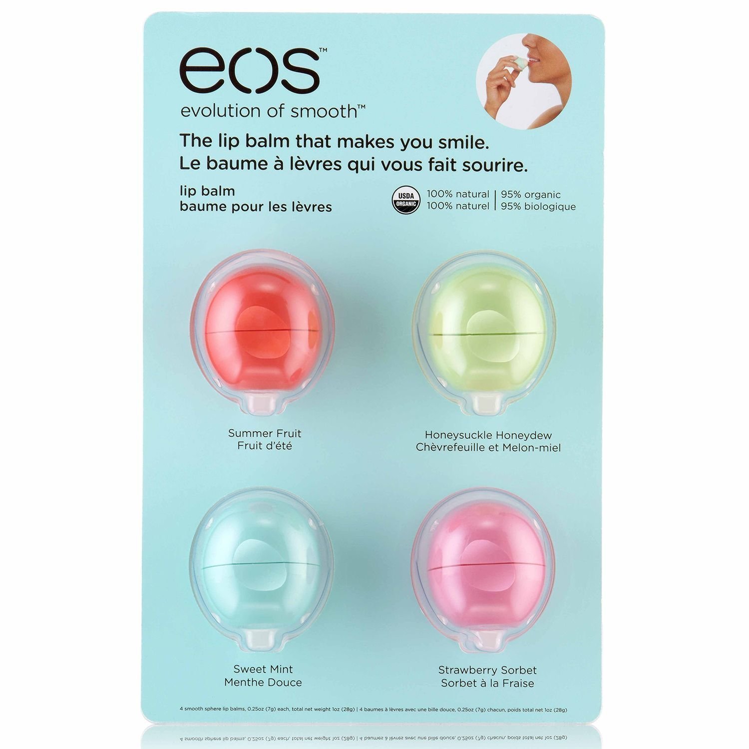 Eos Organic Smooth Sphere Lip Balm - Summer Fruit, Sweet Mint, Strawberry Sorbet, Honeysuckle Honeydew (4 Pack)