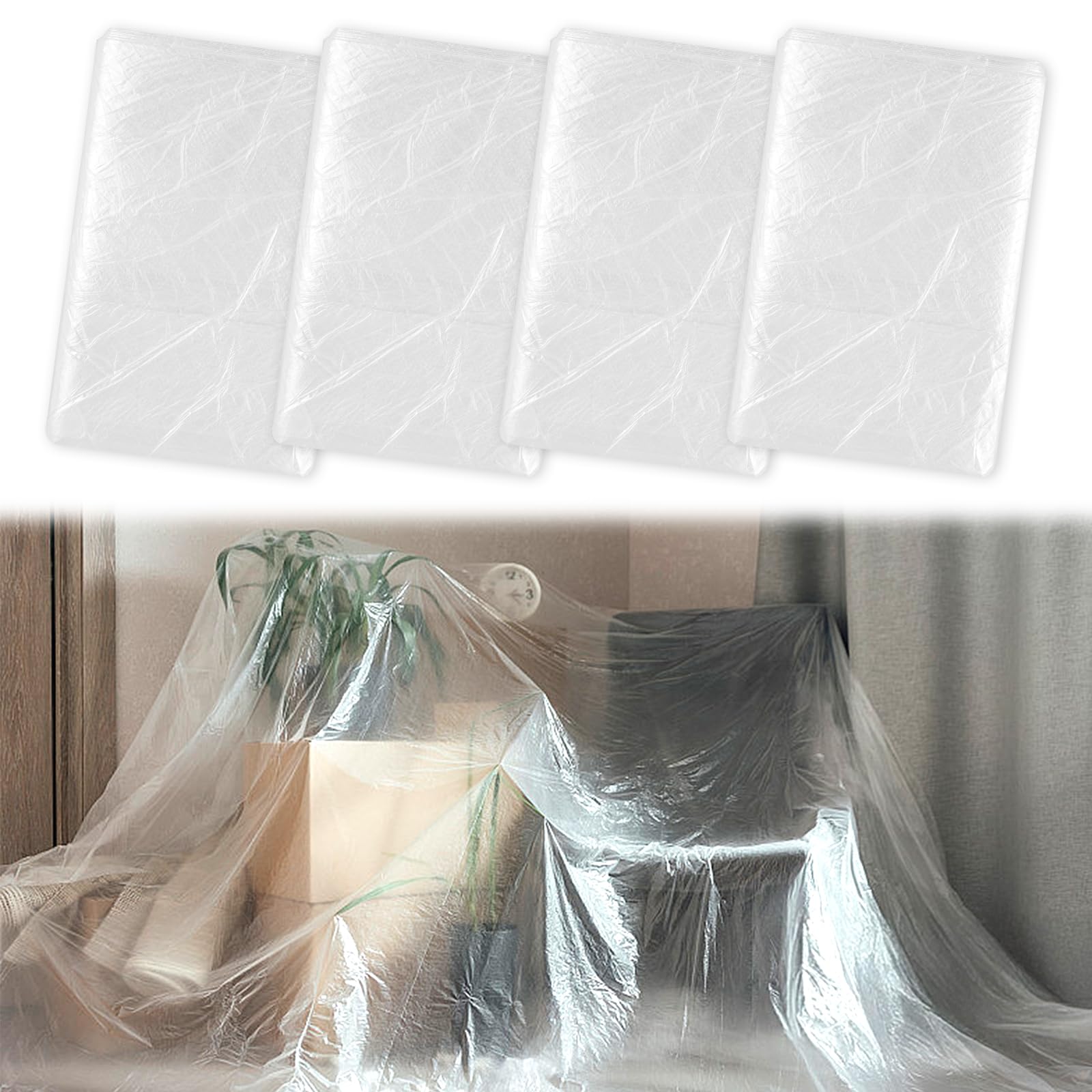 4er Set Abdeckfolie Maler, 4×5m Abdeckplane Malerarbeiten, Transparente Malerfolie aus PE, Baufolie Maler Abdeckplane für Renovierung, Malerarbeit, Umzug, Gartenmöbel