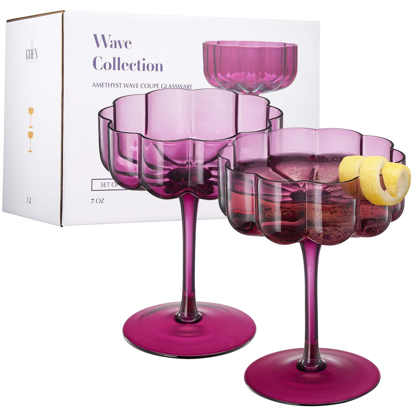 Khen Flower Vintage Wavy Glass Coupes Martini, Champagne & Cocktail Coupes - Set of 2-7oz Colorful Cocktail Glasses & Champagne, Prosecco, Mimosa Glassware Copyright Design - Amethyst Purple