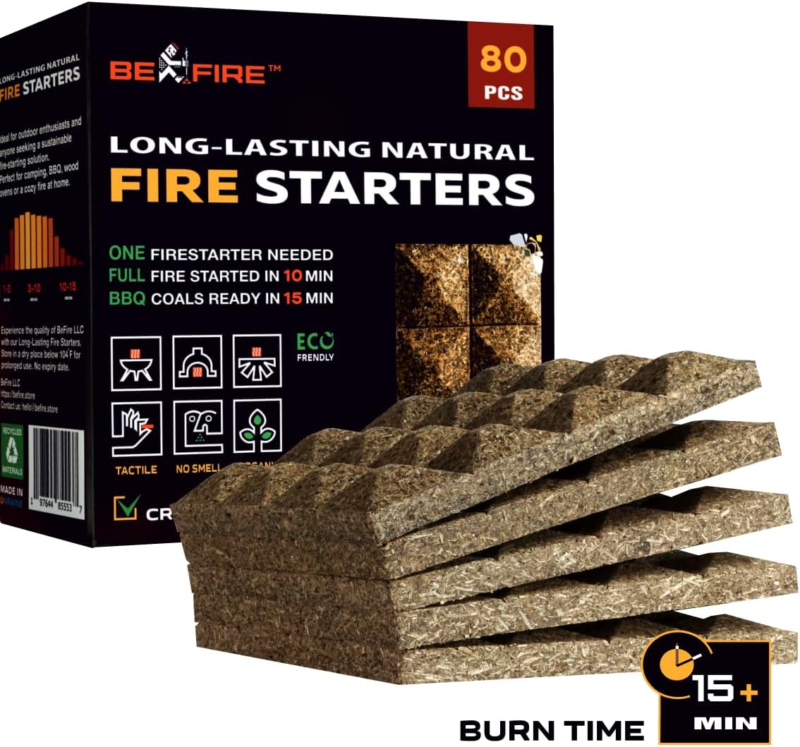 Natural Fire Starters – 80 Pack, 15+ Min Burn Time, Water Resistant Natural Fire Starters – 80 Pack, 15+ Min Burn Time, Water Resistant