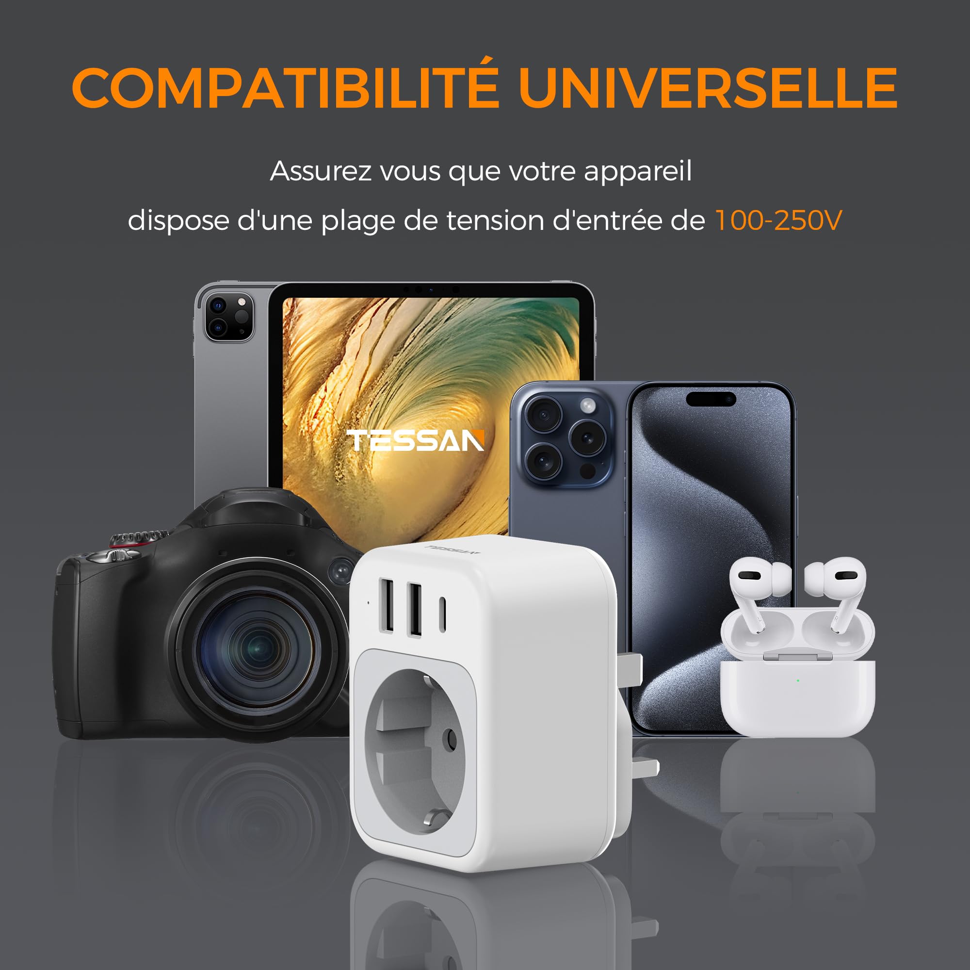TESSAN Adaptateur Prise Anglaise, 4 en 1 Prise Irlande avec 1 USB C et 2 USB A, Adaptateur Type G France vers UK Écosse Dubai Malte Malaisie Chypre Arabie Saoudite Maldives