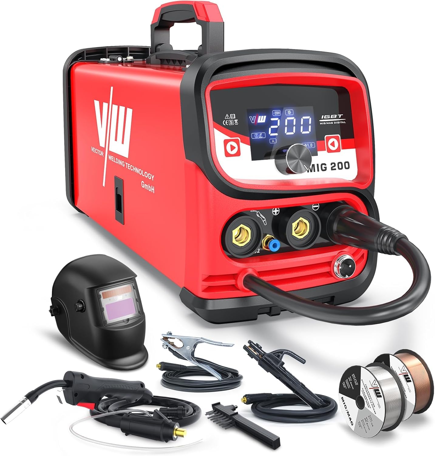 VECTOR WELDING Soldador de Hilo 4 in 1 Máquina de Soldar MIG MAG 200A | MIG con Gas, Flux MIG sin Gas, MMA y Lift-TIG, Inverter IGBT, Pantalla LED, Control MCU, con Hilos y Casco de Soldadura