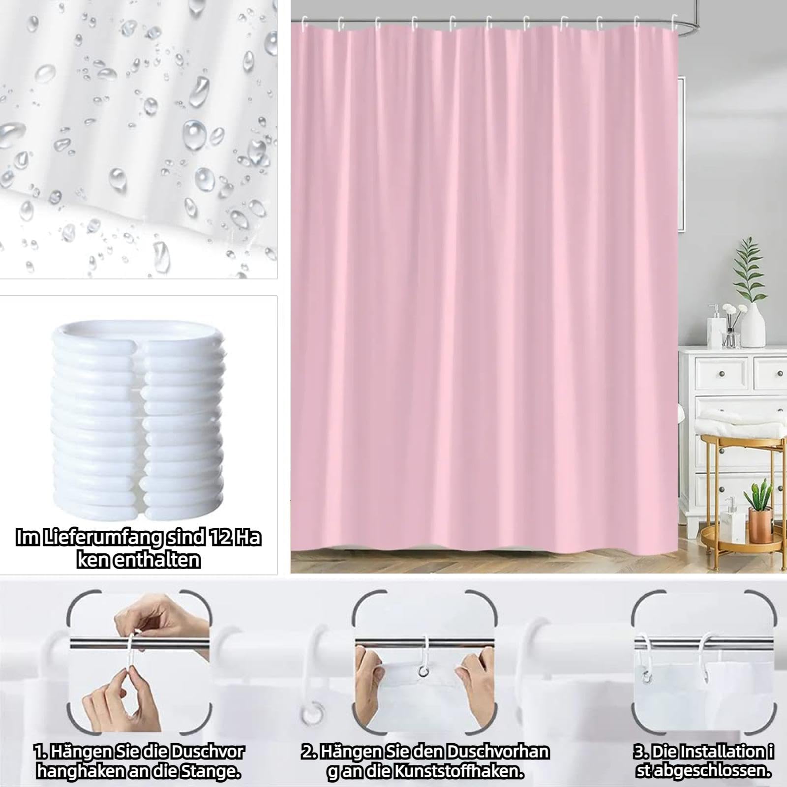 Duschvorhang Rosa 240x180 cm Schwerer Hotel Luxus Polyester Wasserdicht Duschvorhänge Anti-Schimmel und Textil Waschbar Schnelltrocknend für Badezimmer Badewannen mit 12 Haken