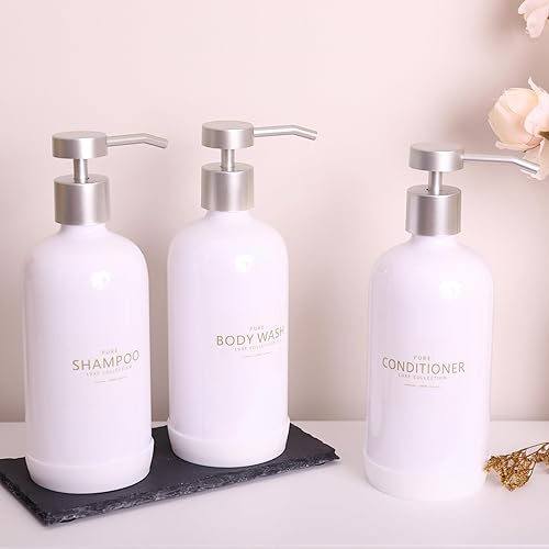 Miniatura 9 de Juego de 3 dispensadores de champú y acondicionador, botellas de champú recargables de 21 onzas con almohadilla de silicona protectora