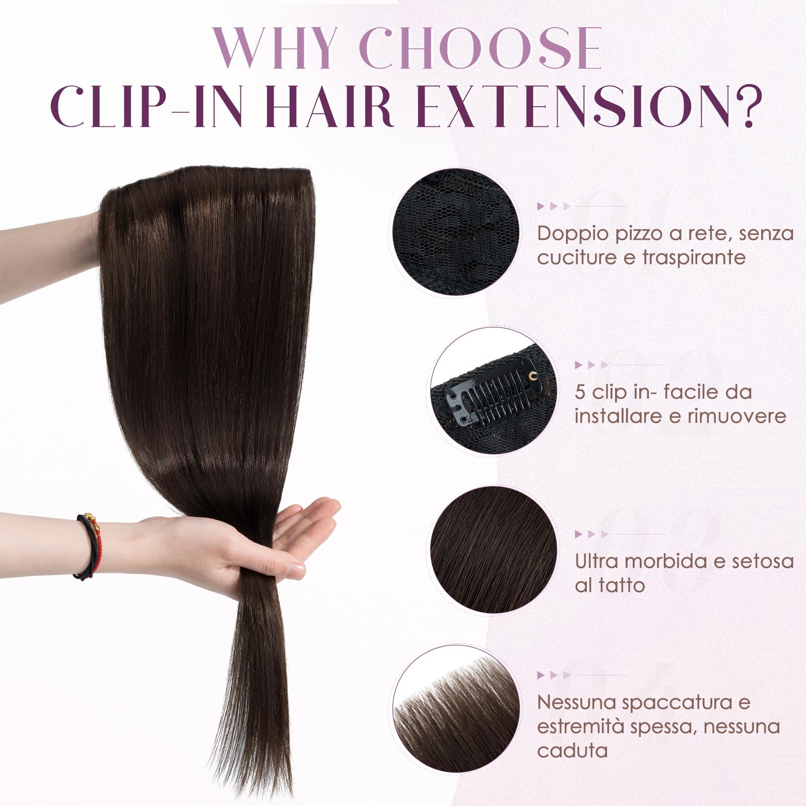 Estensioni Clip In 100% Remy capelli umani per le donne marrone scuro liscio spesso V-forma un pezzo con 5 clip, 45cm 70g
