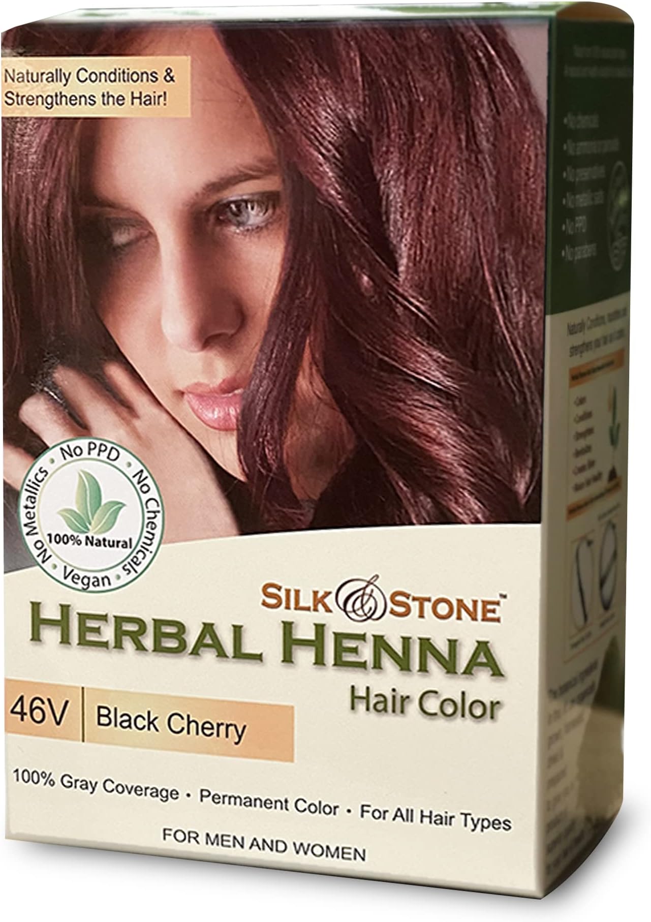 46V Black Cherry, Herbal Henna Hair Color for All Hair Types, Vegan Burgundy Hair Dye for Men and Women, Natural Hair Color for Gray Hair Coverage - Silk and Stone