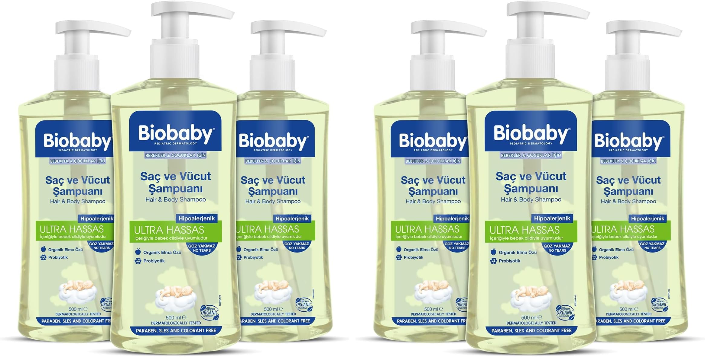 Biobaby Ultra Hassas Bebek Şampuanı – Saç ve Vücut İçin, Prebiyotik & Alman Papatyası, Organik İçerikli, 3’lü Set (500 ml x 3) (2 paketi)