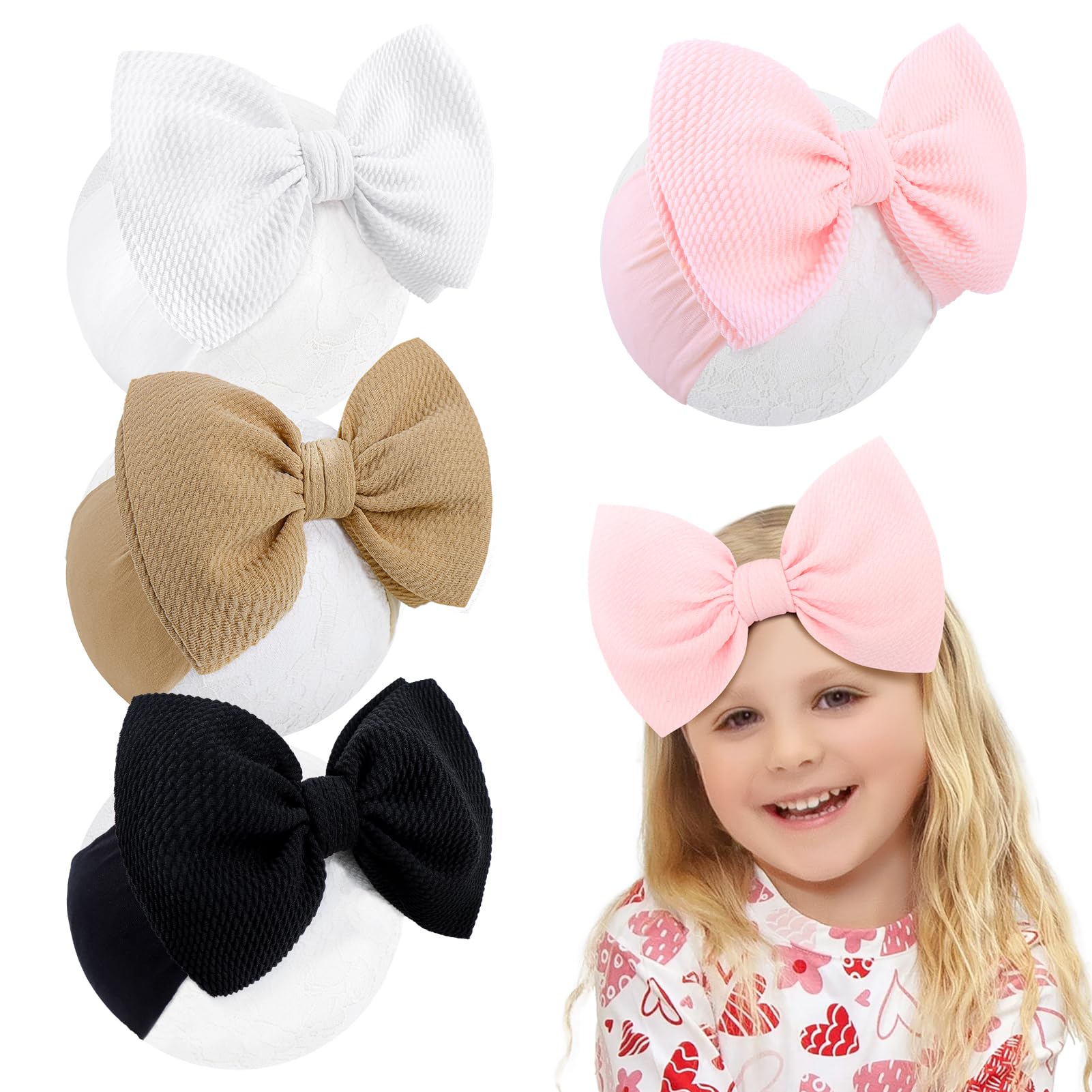 YanJie 6'' 4Pcs Baby Girl Headbands Hair Bows for Newborn Handmade Headbands with Bow Head Wraps for Infant Baby Toddler Girls Black White Pink
