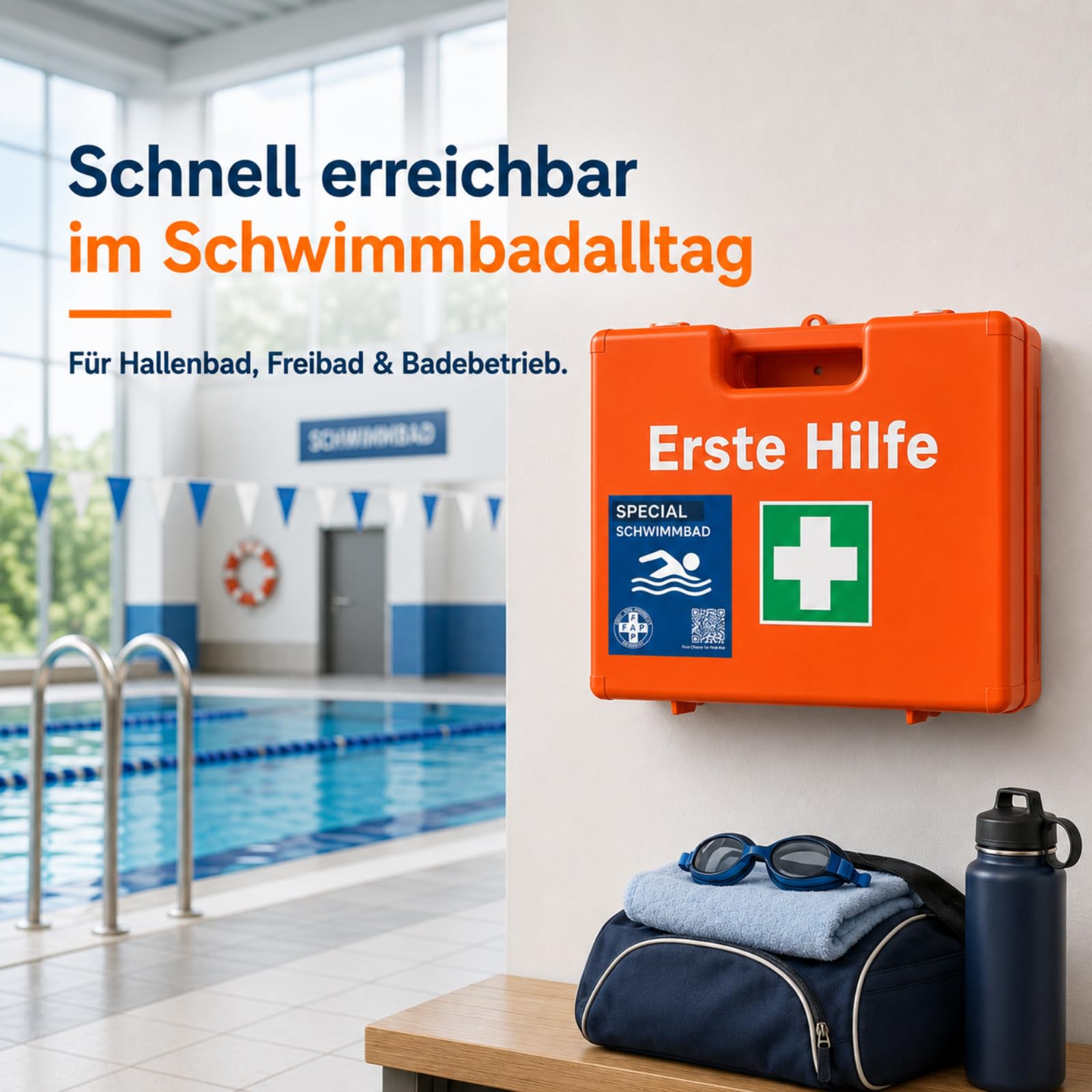 FAP Erste-Hilfe-Koffer Schwimmbad DIN 13157 gefüllt - Orange | Beatmungstuch & Kältekompresse | Pool Aqua Freibad Hallenbad Wassersport ABS Kunststoff, Betriebsverbandkasten Wandhalterung -33×42×15 cm