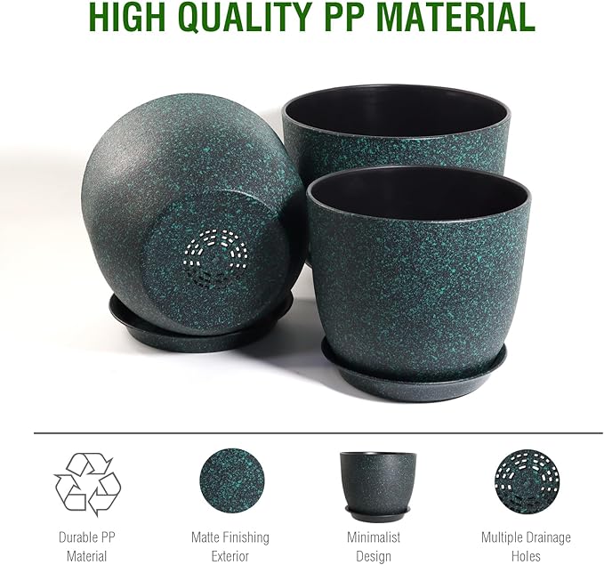 These plant pots also come with saucers to catch excess water and protect your floors or surfaces from any potential damage. The durable plastic material is lightweight and easy to move around, making it convenient to rearrange your plants as needed. These planters are a versatile and practical option for growing a variety of plants, flowers, and herbs in any setting. Description by ChatGPT.