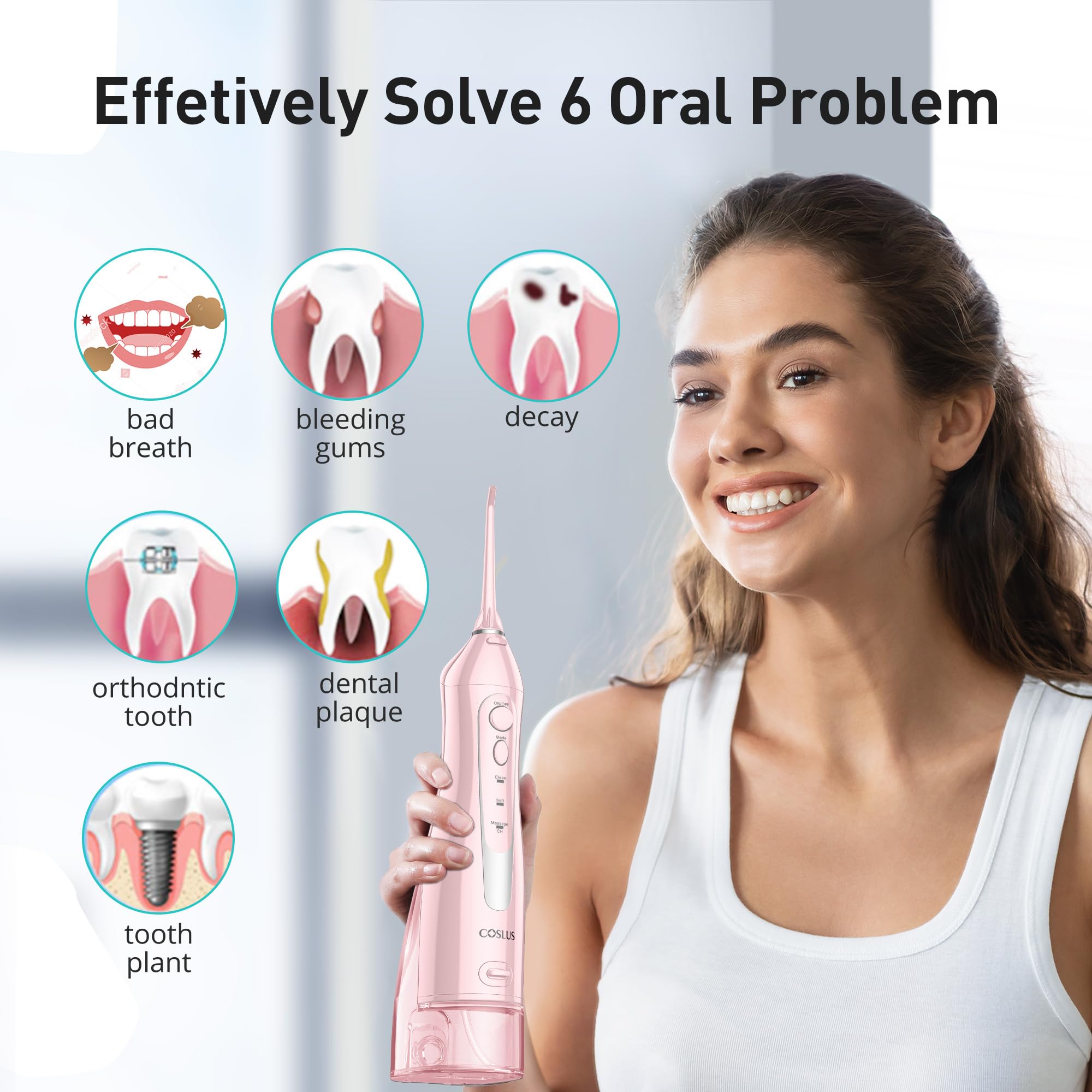COSLUS C20 Water Dental Flosser Teeth Pick: 2026 Upgraded Portable Cordless Waterproof Flossing 300ML Rechargeable Travel Irrigation Cleaner IPX7 Pink - Image 4
