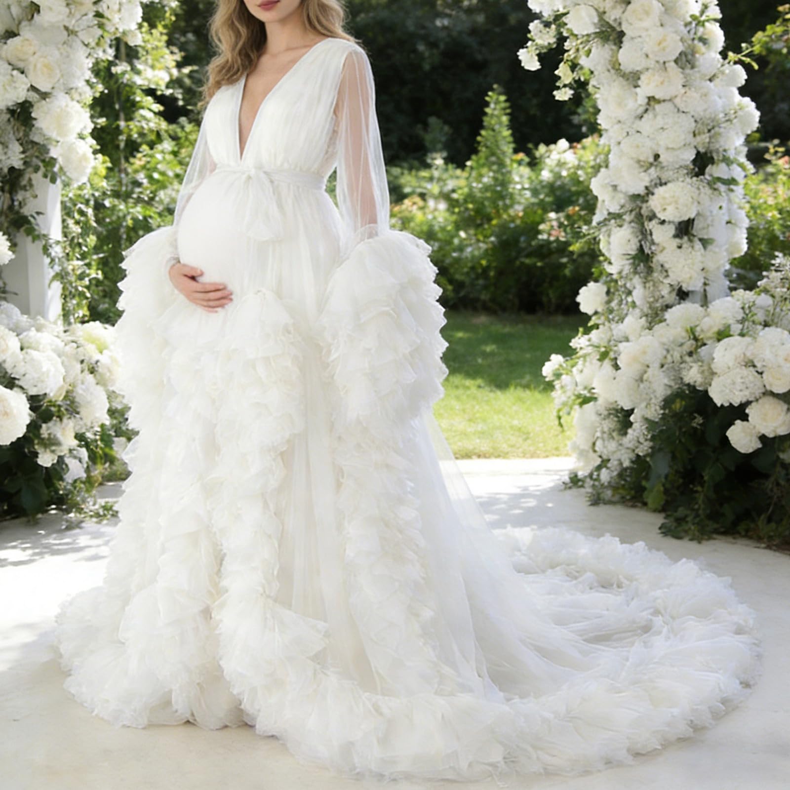 Elegante vestido de maternidad con malla de poliéster transpirable para fotografía de embarazo y eventos especiales. Vestido elegante