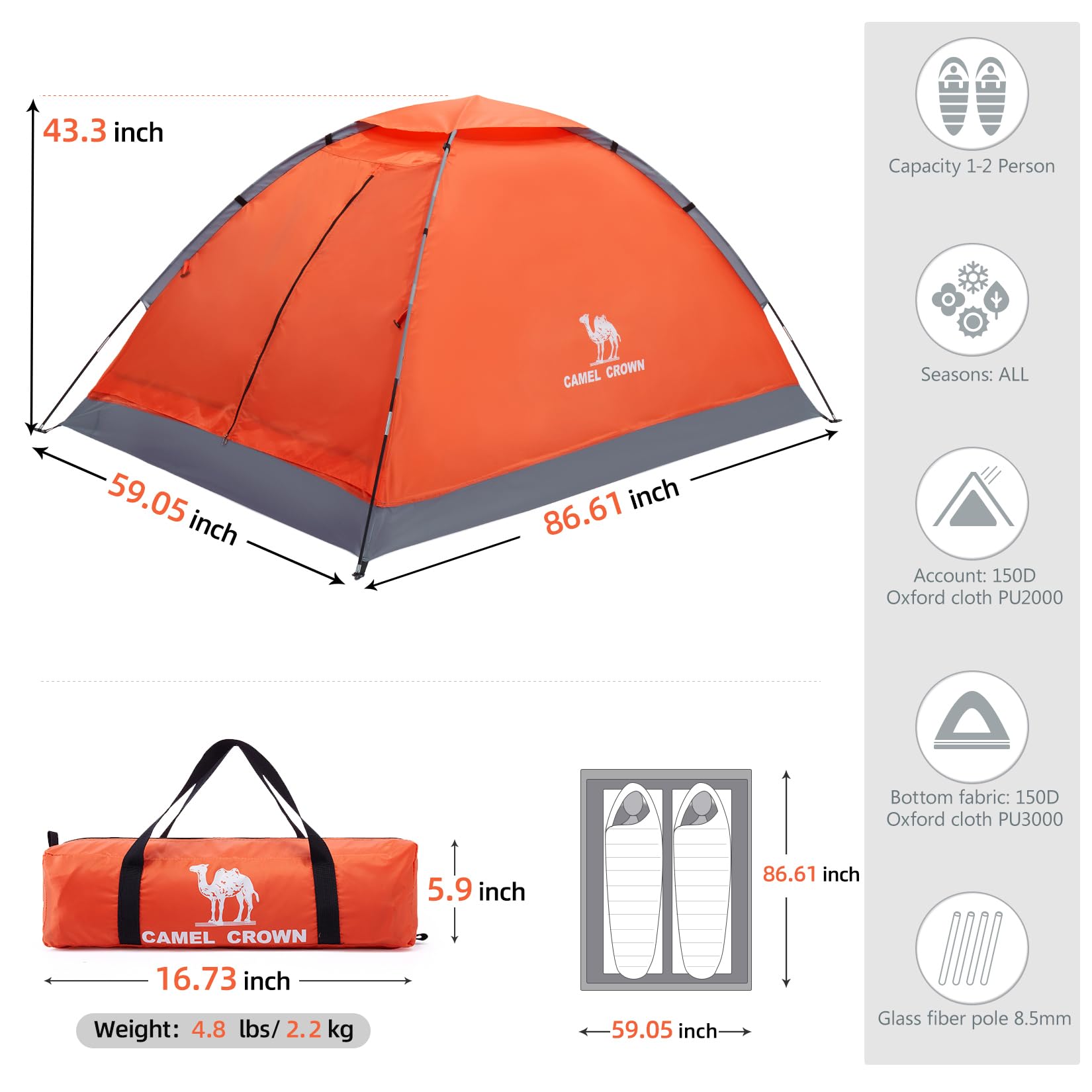 Camel Crown Campingzelt für 2 Personen, mit abnehmbaren Fliegen für Regen, einfache Installation, wasserdicht, leicht, tragbar, für Rucksackreisen, Camping, Wandern, Reisen