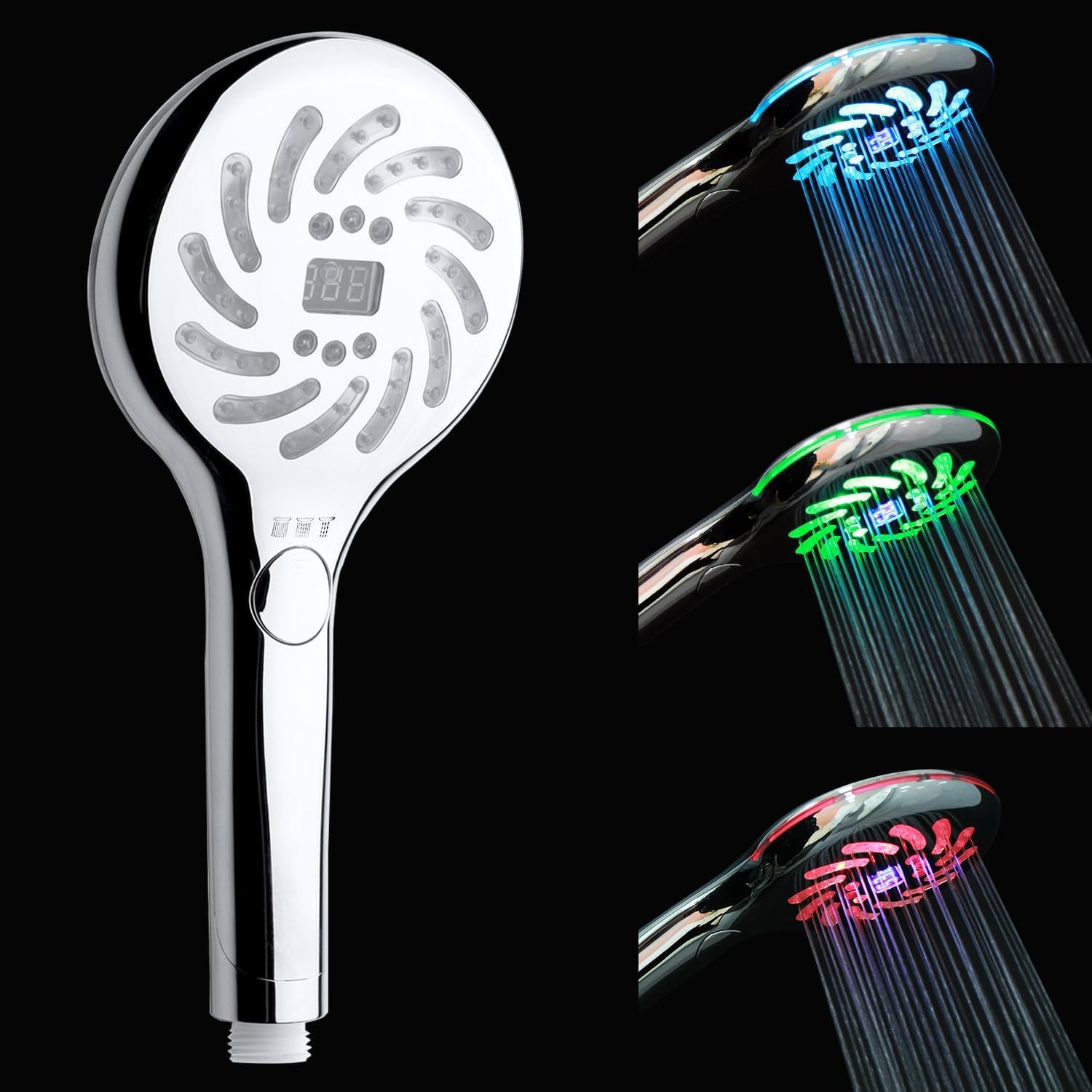 JINYOMFLY LED Shower Head with Temperature Display, Shower Head LED 3 Colours Changing, Handheld Showerhead with LED Digital Display, Battery-Free