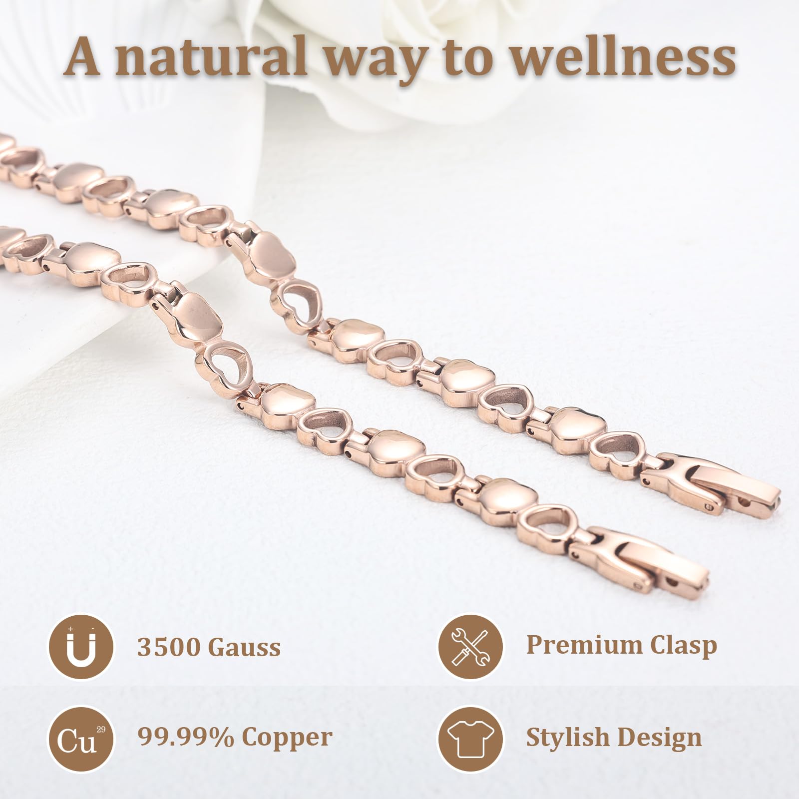 BioMag Pulseras magnéticas para mujer de acero de titanio con imanes fuertes en forma de corazón, 20.8 cm, Acero inoxidable Cobre