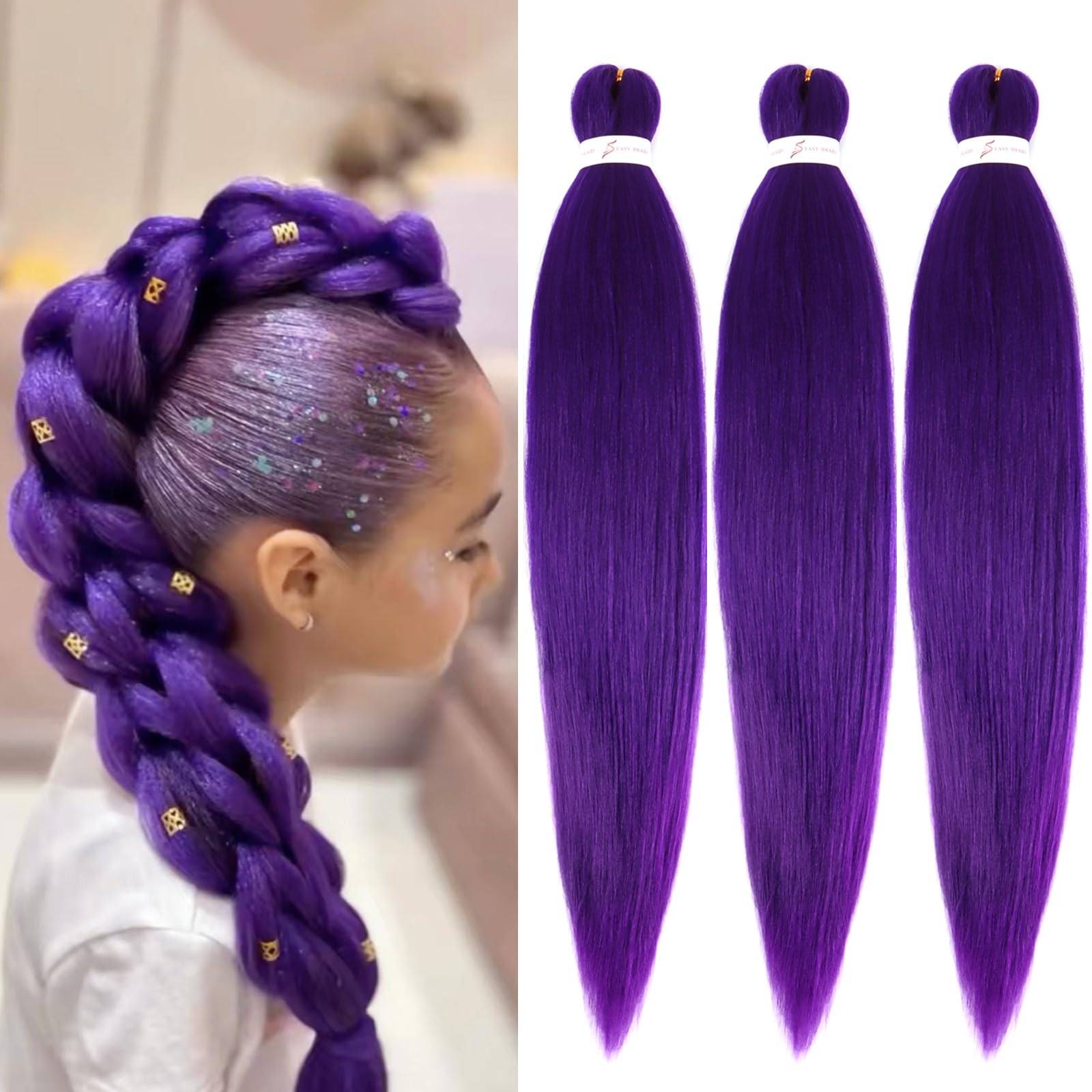 ADIASAI Braiding Hair Pre Stretched 24 Inch 3 Packs, Purple Pre stretched Braiding Hair for Professional Braiding Hair Extensions, Hot Water Setting