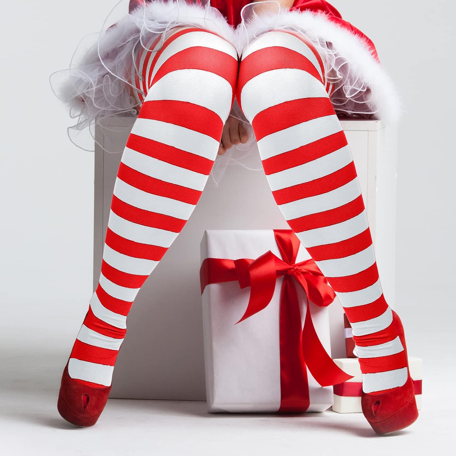 Eurzom Plus Size Red Green and White Striped Tights Women Footed Leggings for Adult St Patricks Accessories Cat Hats Costume - Image 2