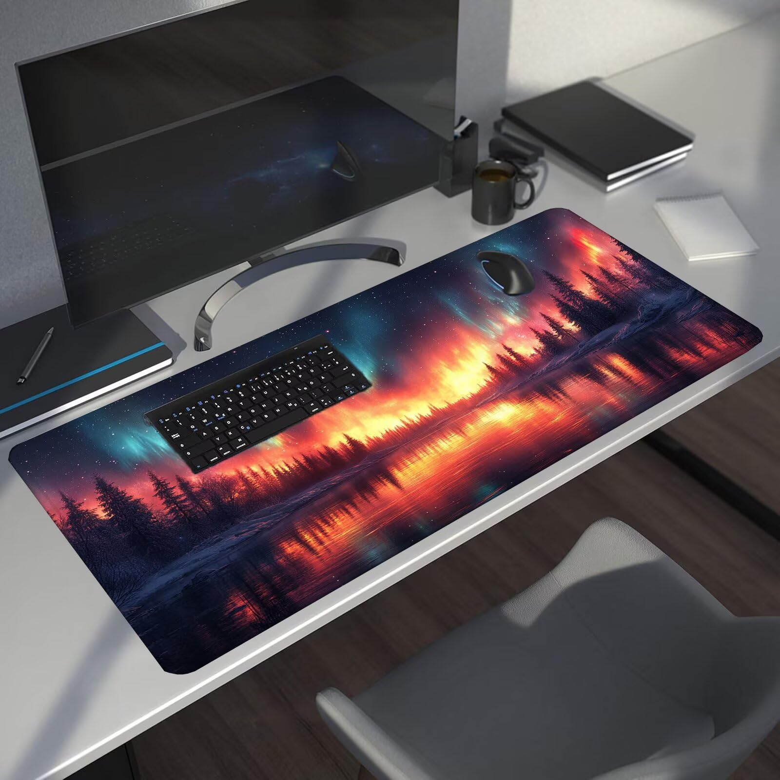 Zorza polarna podkładka pod mysz XXL Leśna podkładka pod mysz 1600 x 800 x 4 mm Podkładka pod mysz do gier, duża wodoodporna antypoślizgowa podkładka na biurko, podkładka pod mysz szyte krawędzie dla