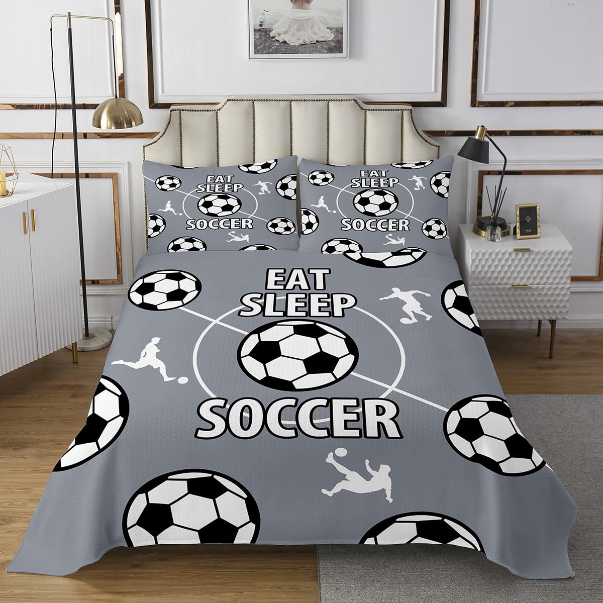 jejeloiu Eat Sleep Football Quilted Coverlet Kids Soccer Bedspread King Size Rugby Sports Coverlet Set for Room Decor Breathable Soft Lightweight Microfiber Grey Ball Game with 2 Pillow Case