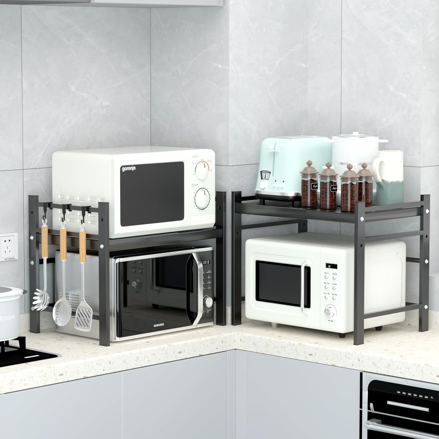 Ripiano espandibile a 2 livelli, struttura regolabile e salvaspazio mobile, microonde cucina, scaffale verticale con 4 ganci S, nero
