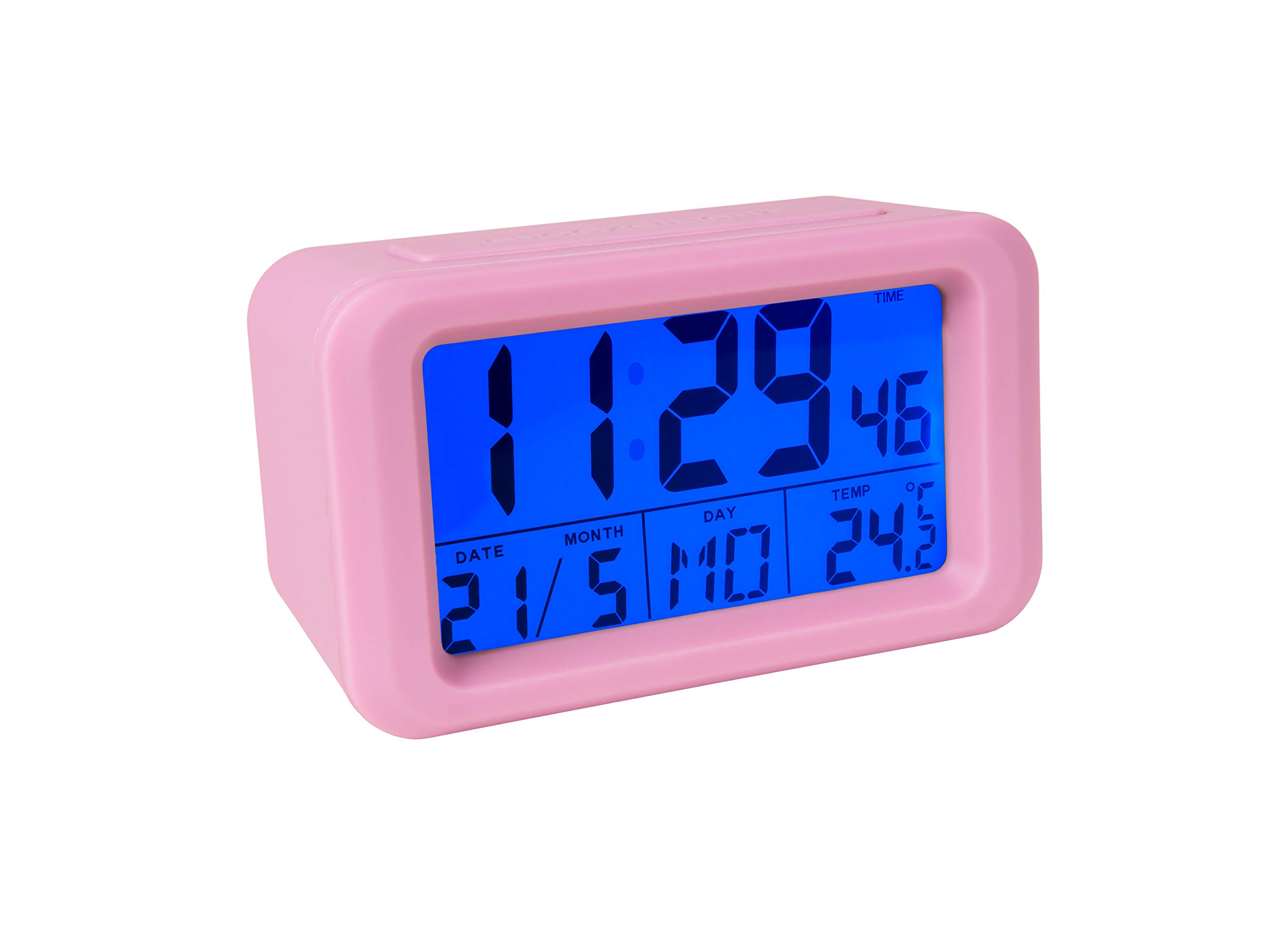 FisuraPink LED digital alarm clock. Battery alarm clock with date and temperature display clock. 2 alarms. Snooze button. ABS rubber.12x5,5x7