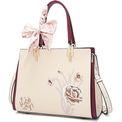 FOXLOVER Genuine Leather Handbags for Women Embroidery Designer Purses Elegant Top-Handle Satchel Bag with Silk Scarf - Carnation Apricot