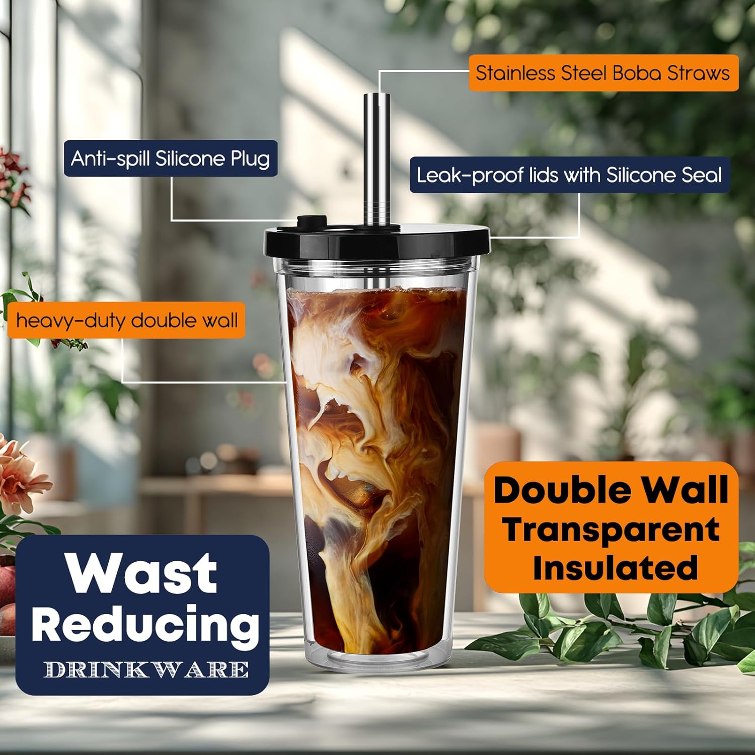 ALINK Reusable Iced Coffee Cup with Lid and Straw, 24 oz Boba Tea Smoothie Cup, Leak Proof Double Wall Insulated Iced Coffee Tumbler for Hot Cold Drinks, Bubble Tea, With 2 Boba Straws 1 Brush - Image 3