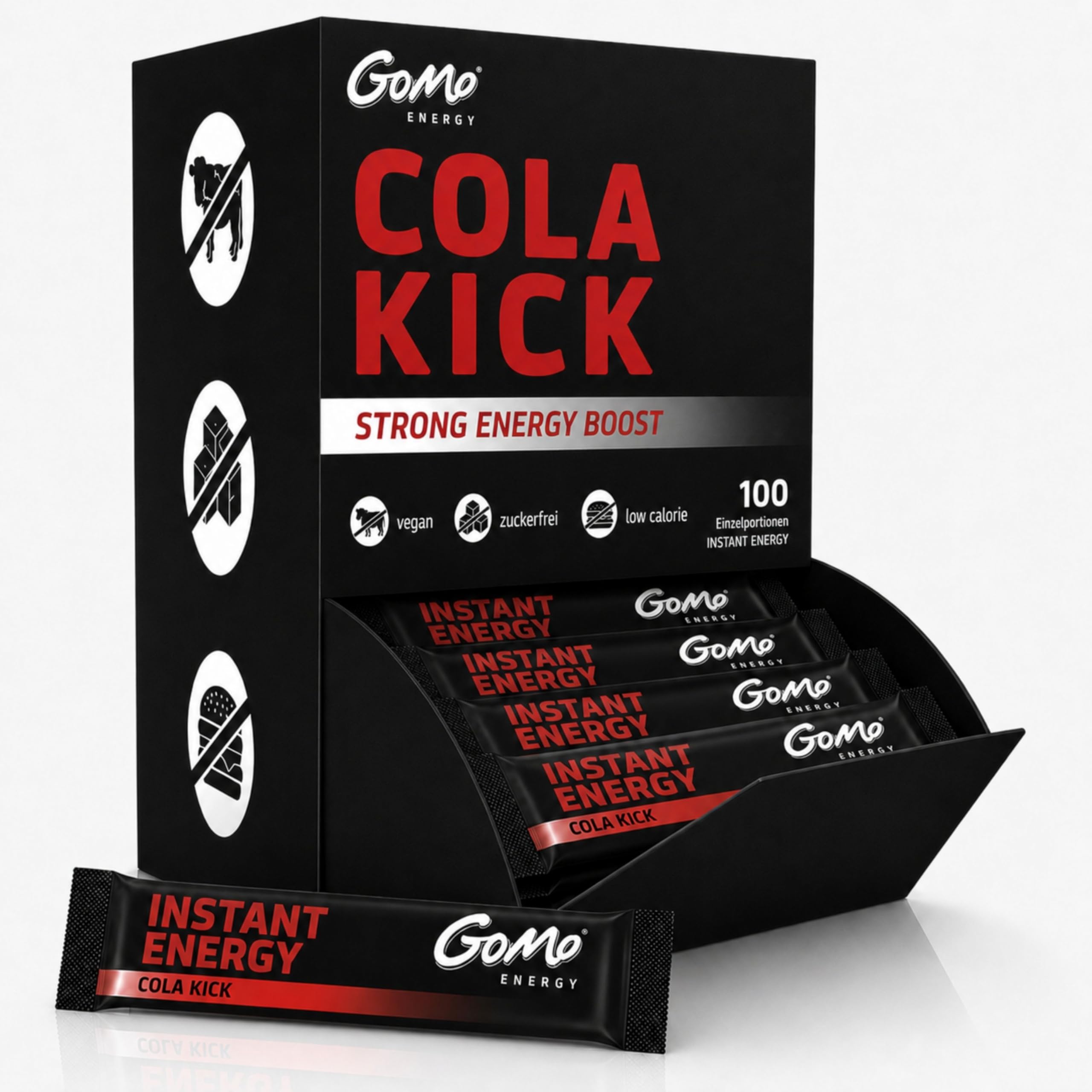 GoMo ENERGY – Instant Energy Getränkepulver Cola Zero für Wachheit, Ausdauer & Konzentration – superstarker, zuckerfreier Instant Energy Drink mit Koffein, B-Vitaminen & Taurin (100 Stk)