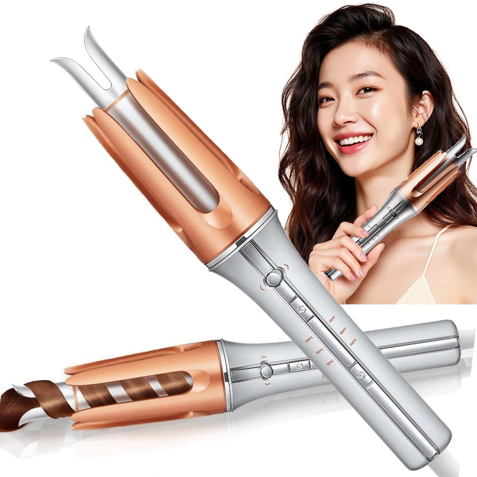 Beauenty Automatic Curling Iron, 32mm/1.25 inch Auto Self Rotating Curling Wand, 3 Adjustable Temperature, Fast Heating, 2-Way Rotation, Auto Hair Curler Iron for Short Long Hair Styling (Silver)