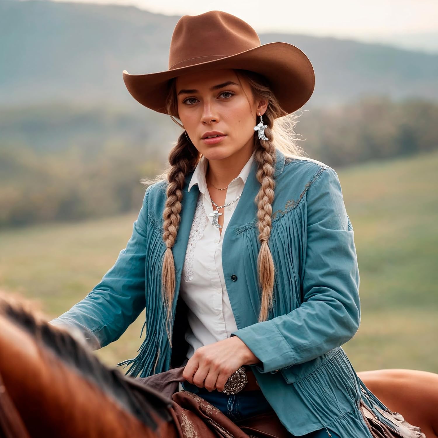 2 Pcs Cowgirl Jewelry for Women, Cowgirl Accessories for Women, Sparkly Rhinestone Cowboy Necklace and Cowboy Earrings Western, Chic Enamel Hat Boot Charm Western Jewelry (White) - Image 6