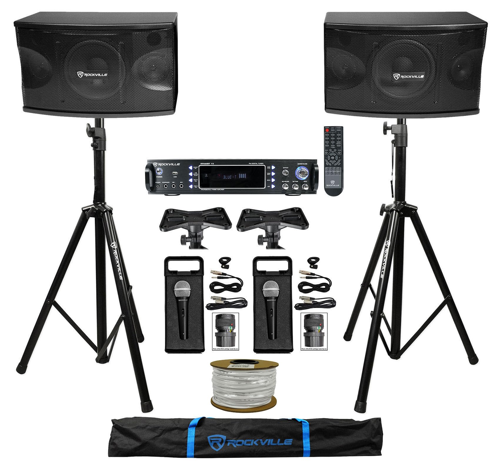 Rockville Bundle: Pair KPS80 Speakers with Wall Brackets, 2 RMC-XLR Microphones with Cables and RPA6000USB Amplifier
