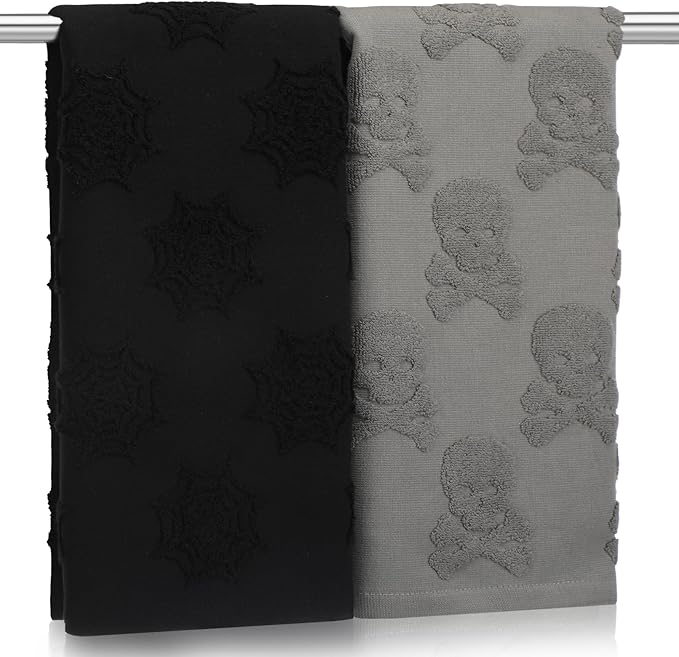 2 Pcs Halloween Spider Web Skull Hand Towels 100% Cotton Acquard Weave Halloween Hand Towels for Bathroom Absorbent Dish Washcloth for Kitchen Bathroom Decor Gifts, 29.5 x 13.7 Inch