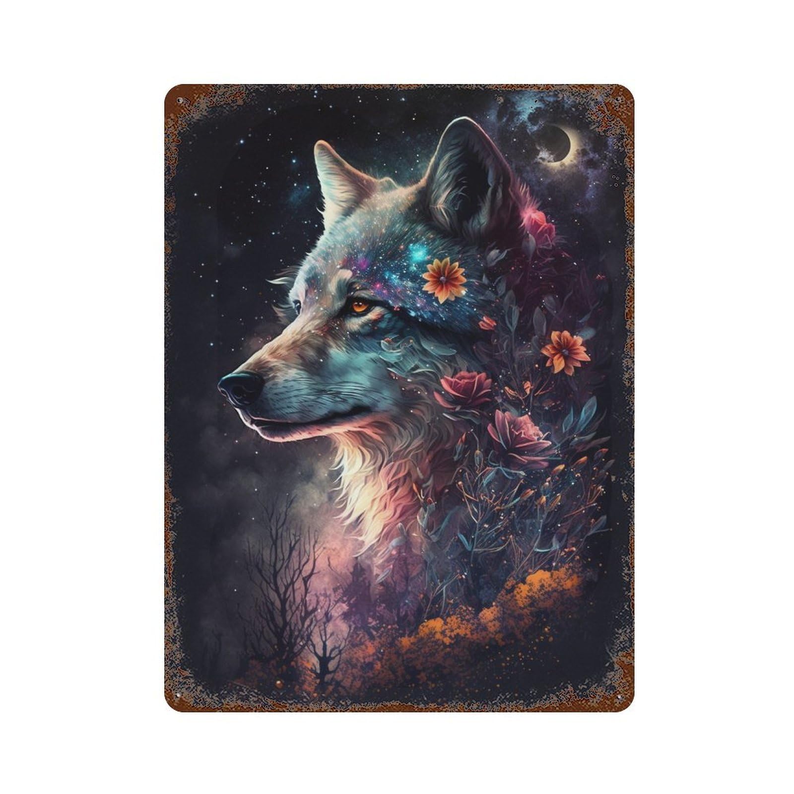 Galactic Wolf with Flowers Rust Effect Tin Sign 15.7"x11.8", Vintage Wall Decor for Garage, Pub Or Kitchen