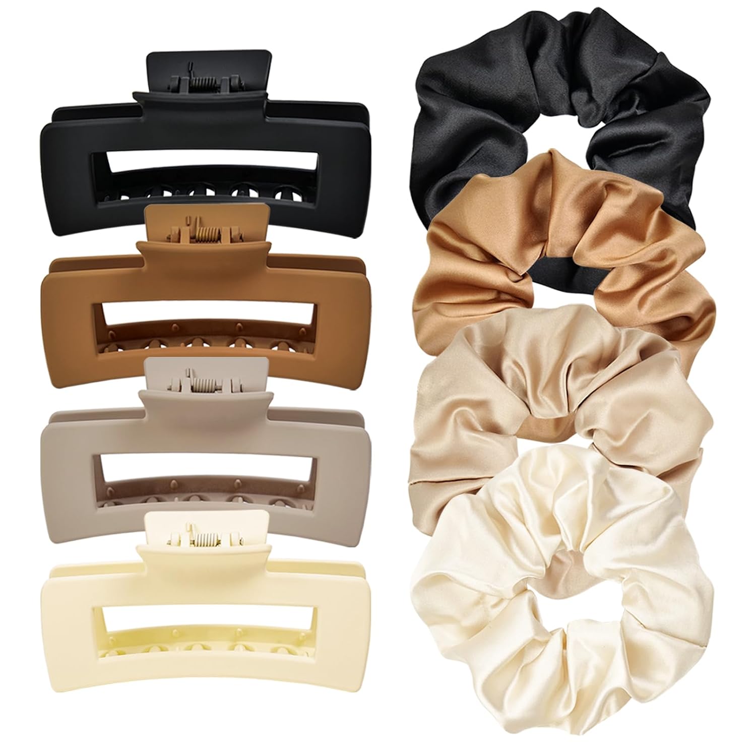 8pcs Hair Clips Scrunchies Set - 4 Medium Claw Clips for Women, Non-Slip Matte Hair Claws, 4 Large Satin Scrunchies, Fall Neutral Hair Accessories for Thick Thin Hair, Party Daily Holiday