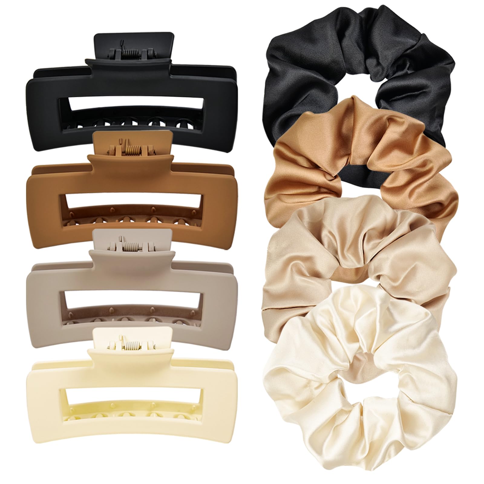 JGQUR 8pcs Hair Clips and Scrunchies Set - 4 Medium Claw Clips for Women, Non-Slip Matte Hair Claws, 4 Large Satin Scrunchies, Hair Accessories Set