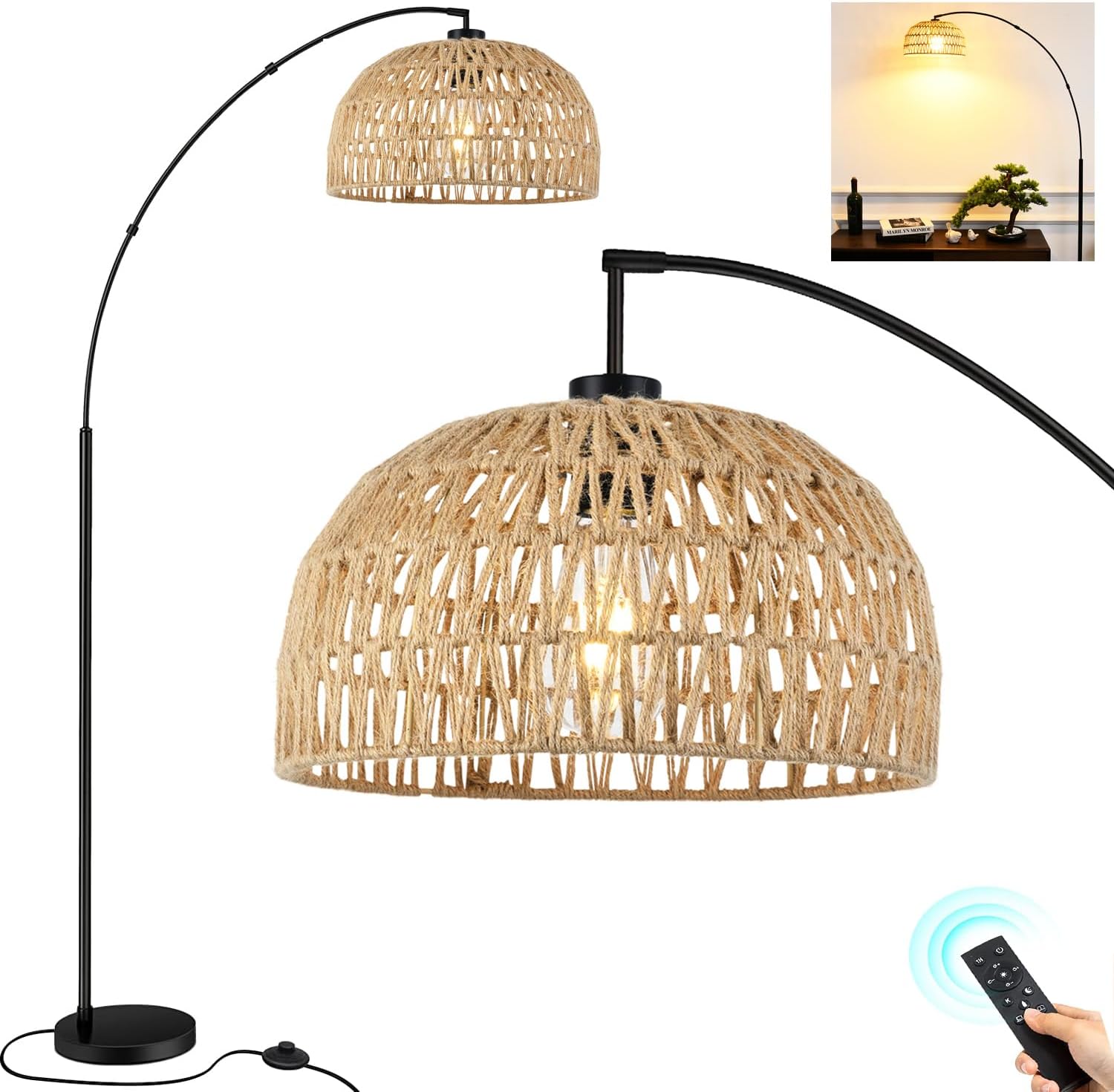 QIYIZM Arc Floor Lamp Rattan with Remote for Living Room Bedroom ...