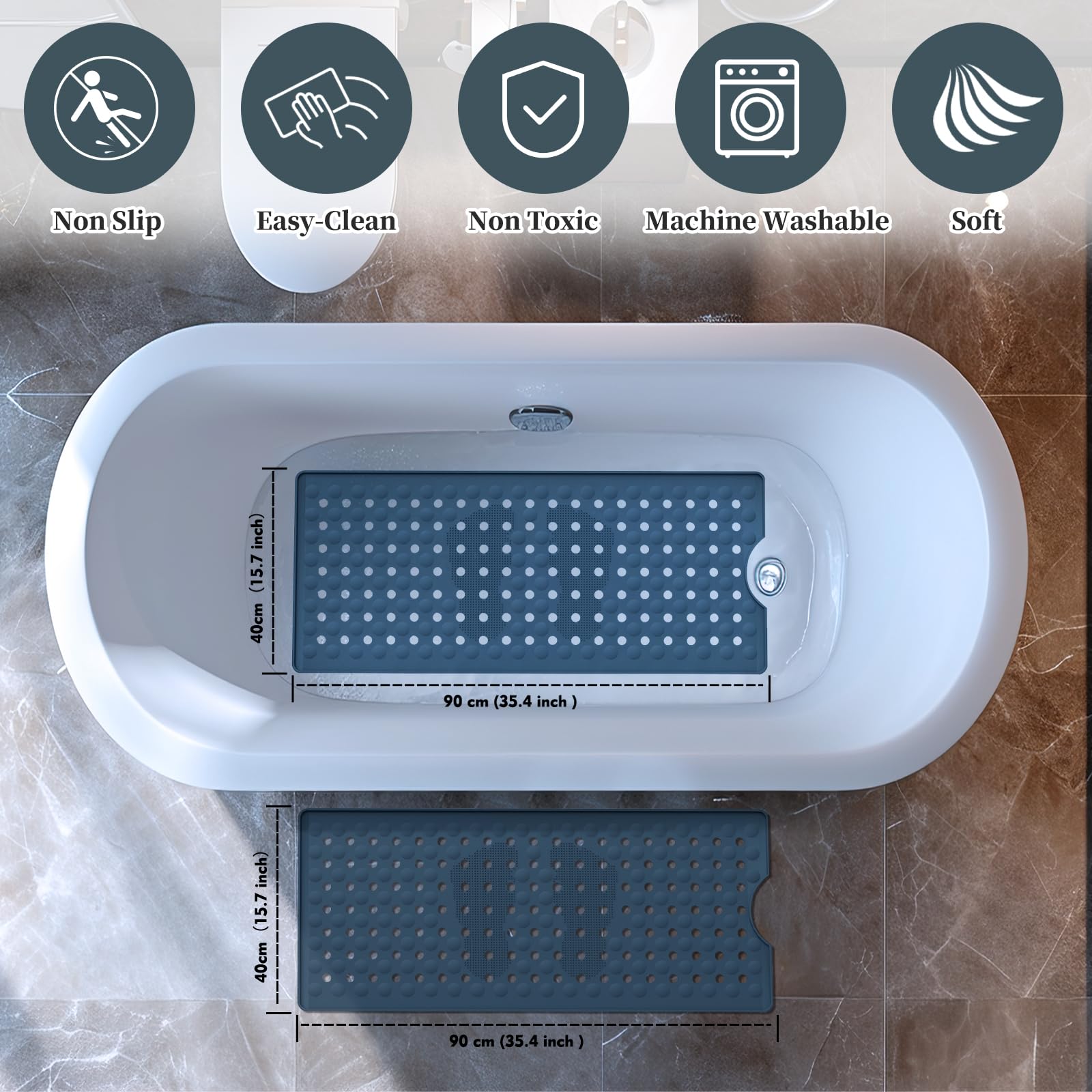 Tapis Baignoire Antidérapant, 90 x 40 cm Tapis Baignoire pour Sol de Cabine de Douche, Lavable en Machine, Trous de Drainage pour Gardez Vos Baignoires Propres, Bleu Profond