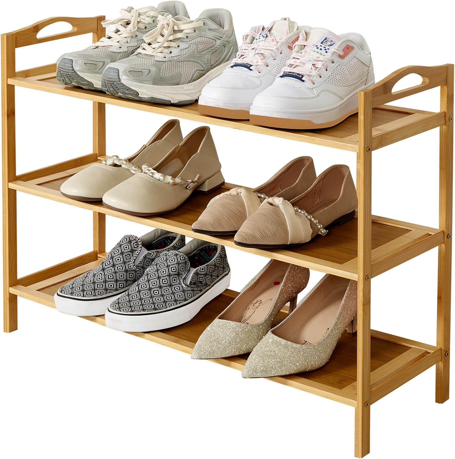 3 tier bamboo shoe rack for closet, free standing shoe racks, stackable shoes rack organizer, bamboo wood shoe rack for entryway and closet hallway (27.5" x 9.25" x 19.7") 3 tier khaki