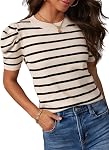 Dokotoo Women's Puff Short Sleeve Knit Tops 2026 Trendy Crewneck Striped T Shirts Casual Summer Blouses
