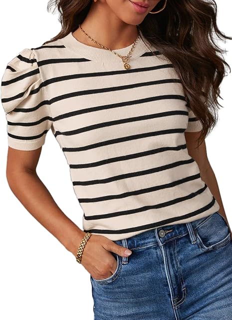Dokotoo Puff Hauts en maille à manches courtes 2026 Tendance Col rond rayé T Shirts Casual Blouses d'été pour femme