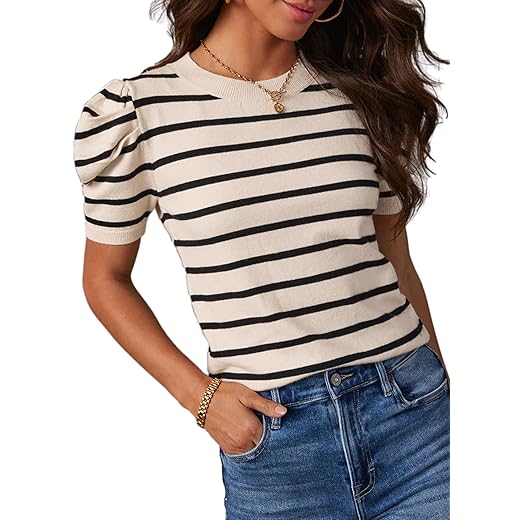 Dokotoo Women's Short Puff Sleeve Knit Tops 2025 Trendy Crewneck Striped T Shirts Casual Summer Blouses