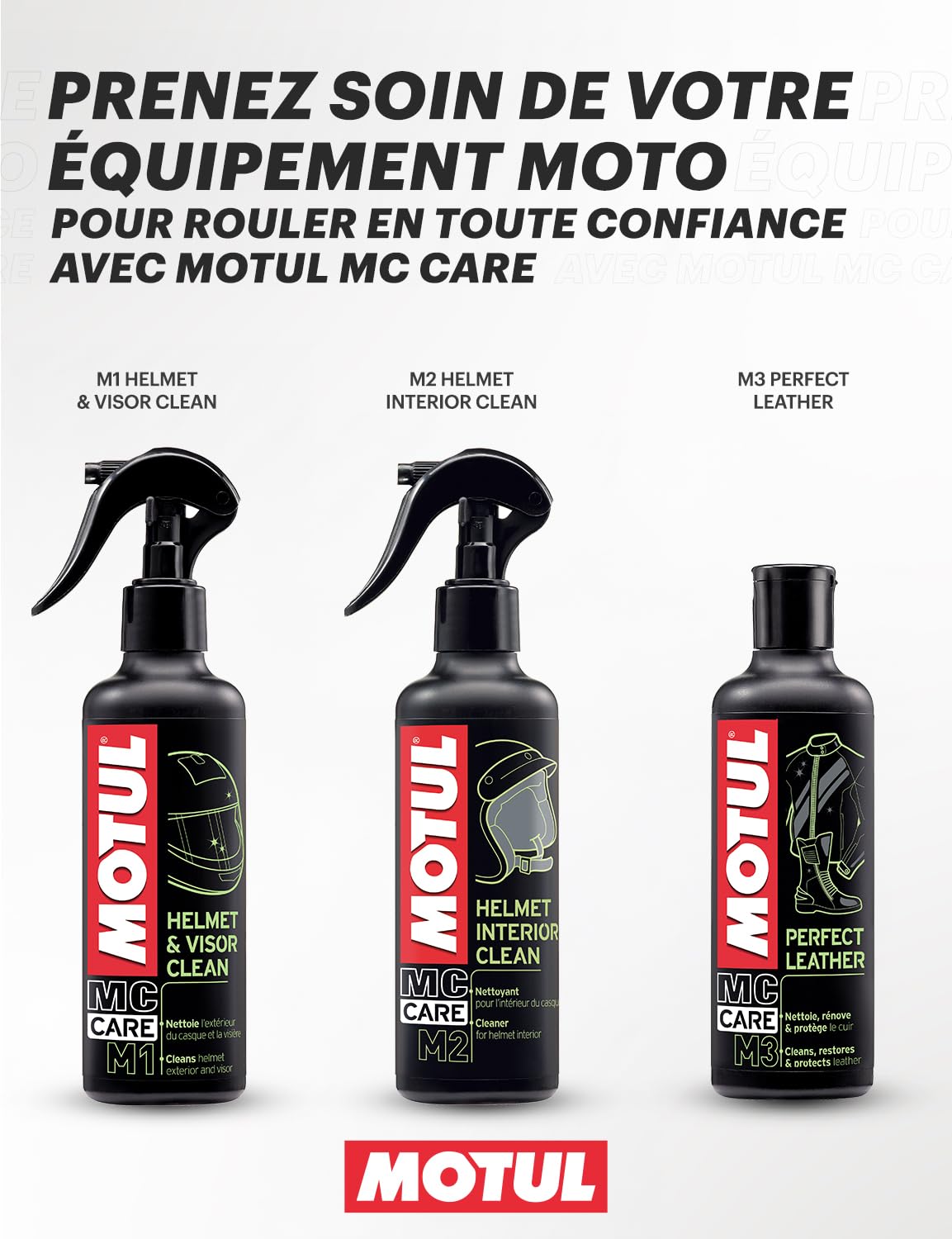 Motul - Kit de Nettoyage Casque Moto - Nettoyant Extérieur Casque et Visière Moto + Nettoyant Intérieur + Chiffon en Microfibre - MC Care Helmet & Visor Clean M1 - MC Care Helmet Interior Clean M2